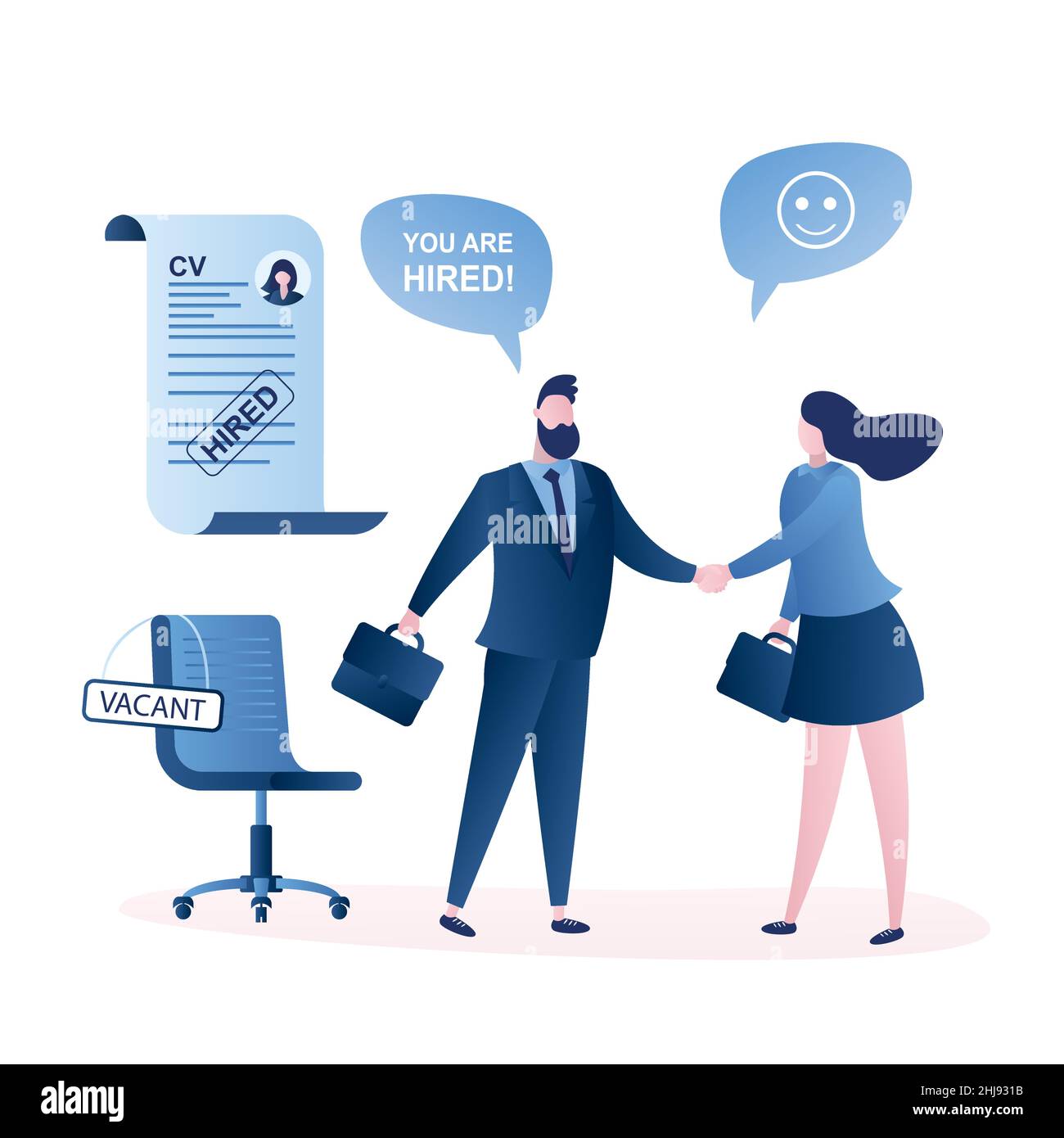 Businessman boss shakes hands with hired woman worker.Human resource recruitment concept. Cv resume document and chair with sign- vacant. Business peo Stock Vector