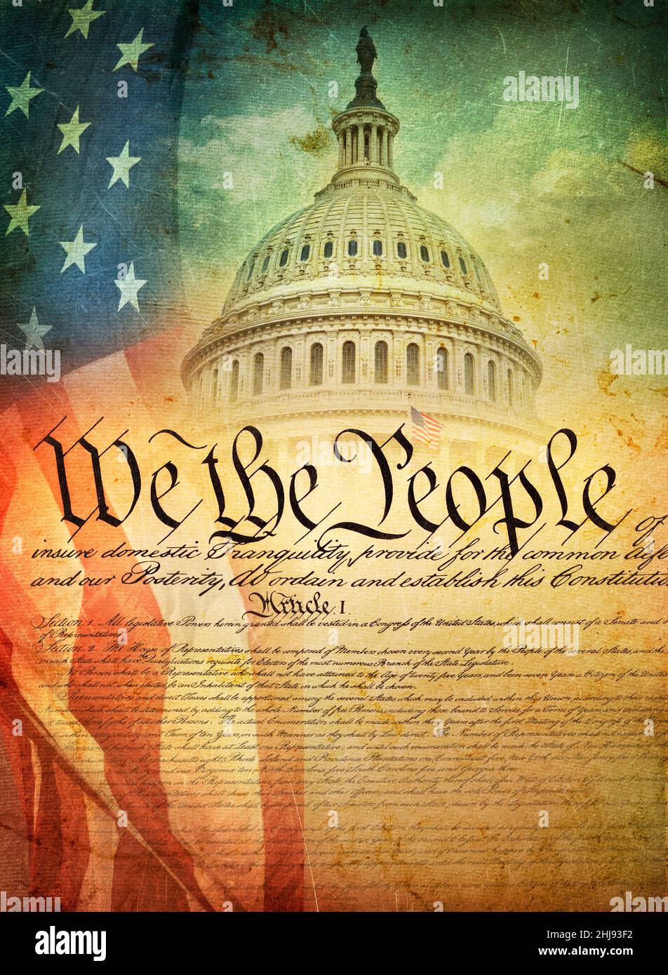 Textured composite of US Constitution and capitol dome with American flag Stock Photo