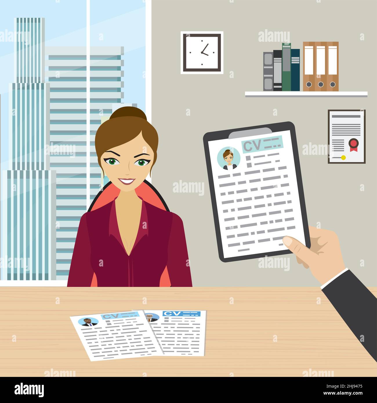 Job candidate interview cartoon - Job Candidate Interview Cartoon Beauty Businesswoman And Cv Resume In Hand Office Room Interior Vector Illustration Flat Design 2HJ9475