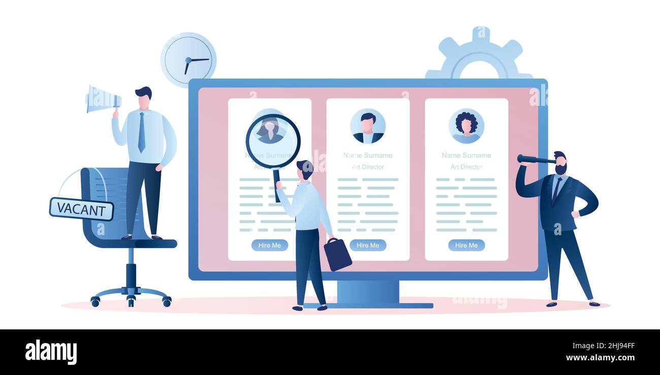 Businessmen are hiring, monitor screen with people resume. Business chair wirh sign-vacant.Male characters with various objects. Trendy style vector i Stock Vector