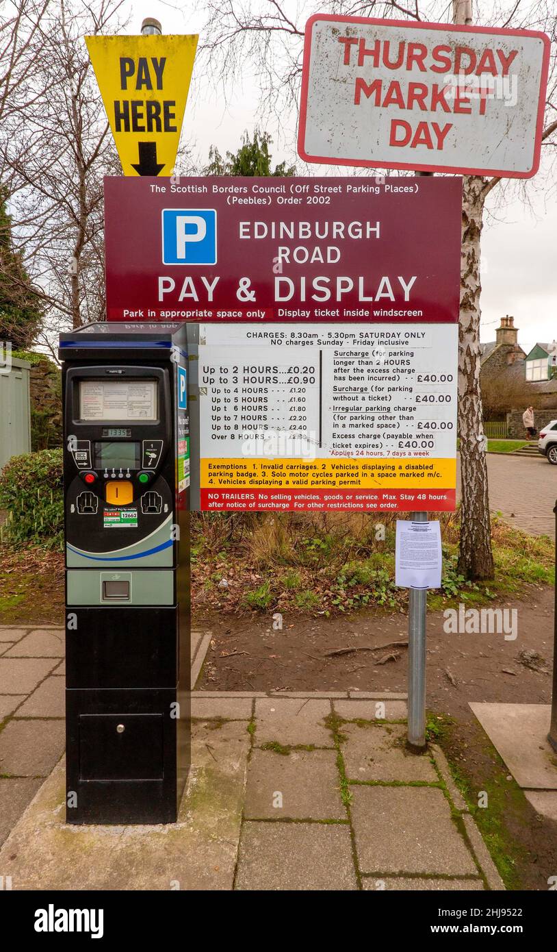 Parking sign for pay and Display in Peebles, Scottish Borders, Scotland, UK Stock Photo