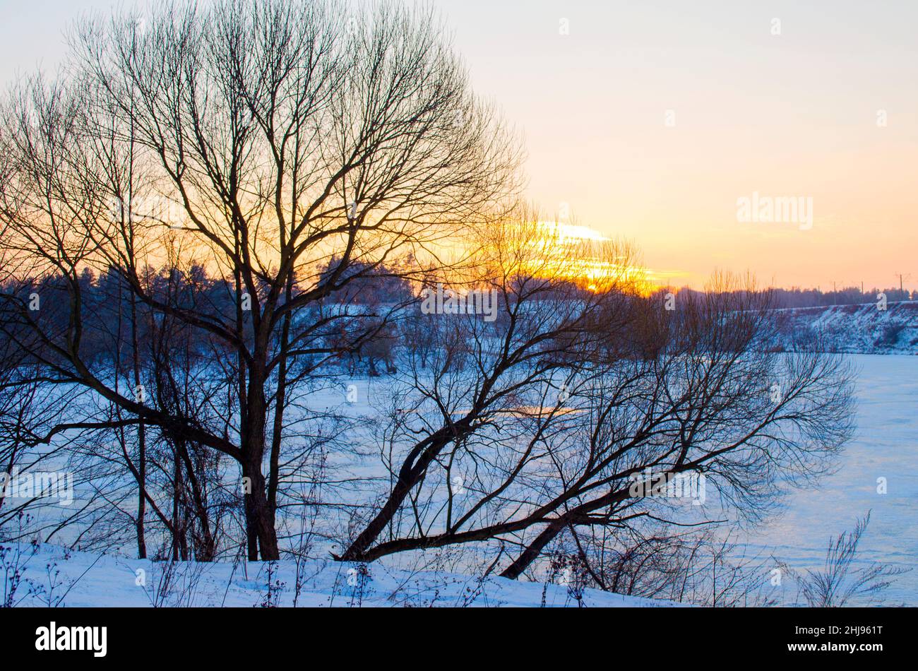 winter forest and a river covered in snow at sunset Stock Photo