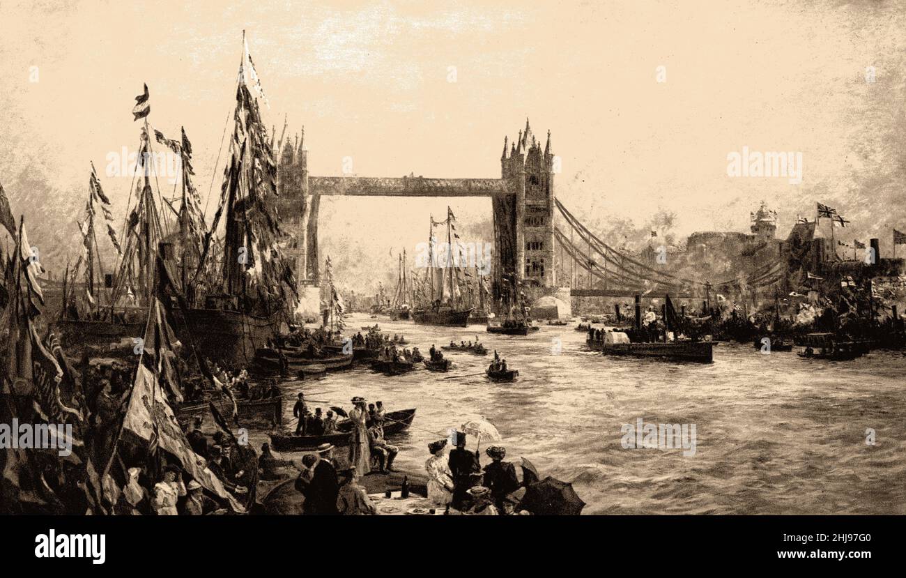 Black and White Illustration; The Opening Ceremony of Tower Bridge, London, 30th June 1894 Stock Photo