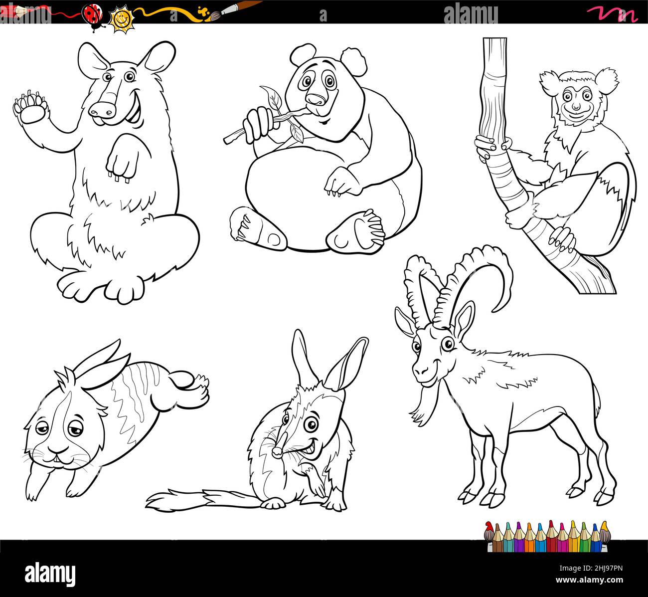 Black and white cartoon illustration of funny animals characters set coloring book page Stock Vector