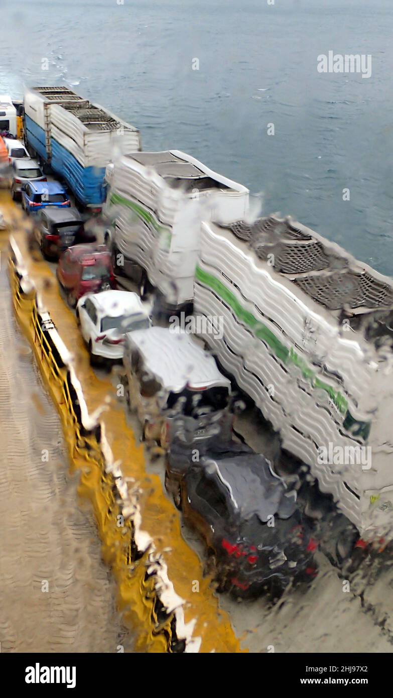 On the NZ Interislander ferry Kaitiaki: a blurred view through a rain affected window to sheep transporter trucks and cars on the top vehicle deck. Stock Photo