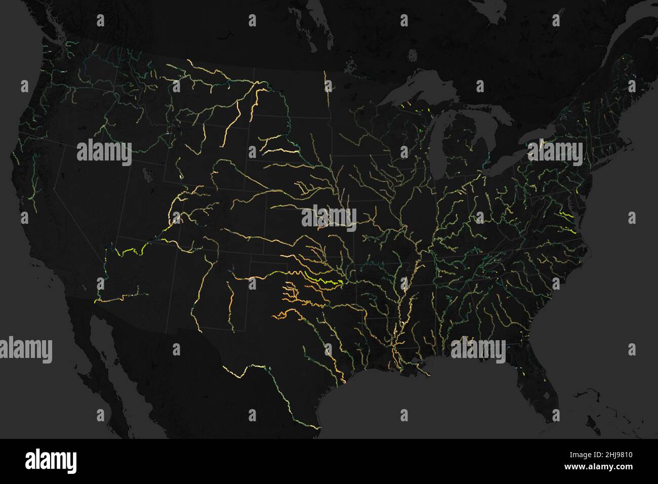 Much like the sky, rivers are rarely painted one color. Rivers around the world appear in shades of yellow, green, blue, and brown-and subtle changes in the environment can alter their colors. New research shows the dominant color has changed in about one-third of large rivers in the continental United States over the past 35 years. The figure above shows data from a map of river color for the contiguous United States. The rivers are colored as they would approximately appear to the human eye. The map was built from 234,727 images collected by Landsat satellites between 1984 and 2018. The data Stock Photo