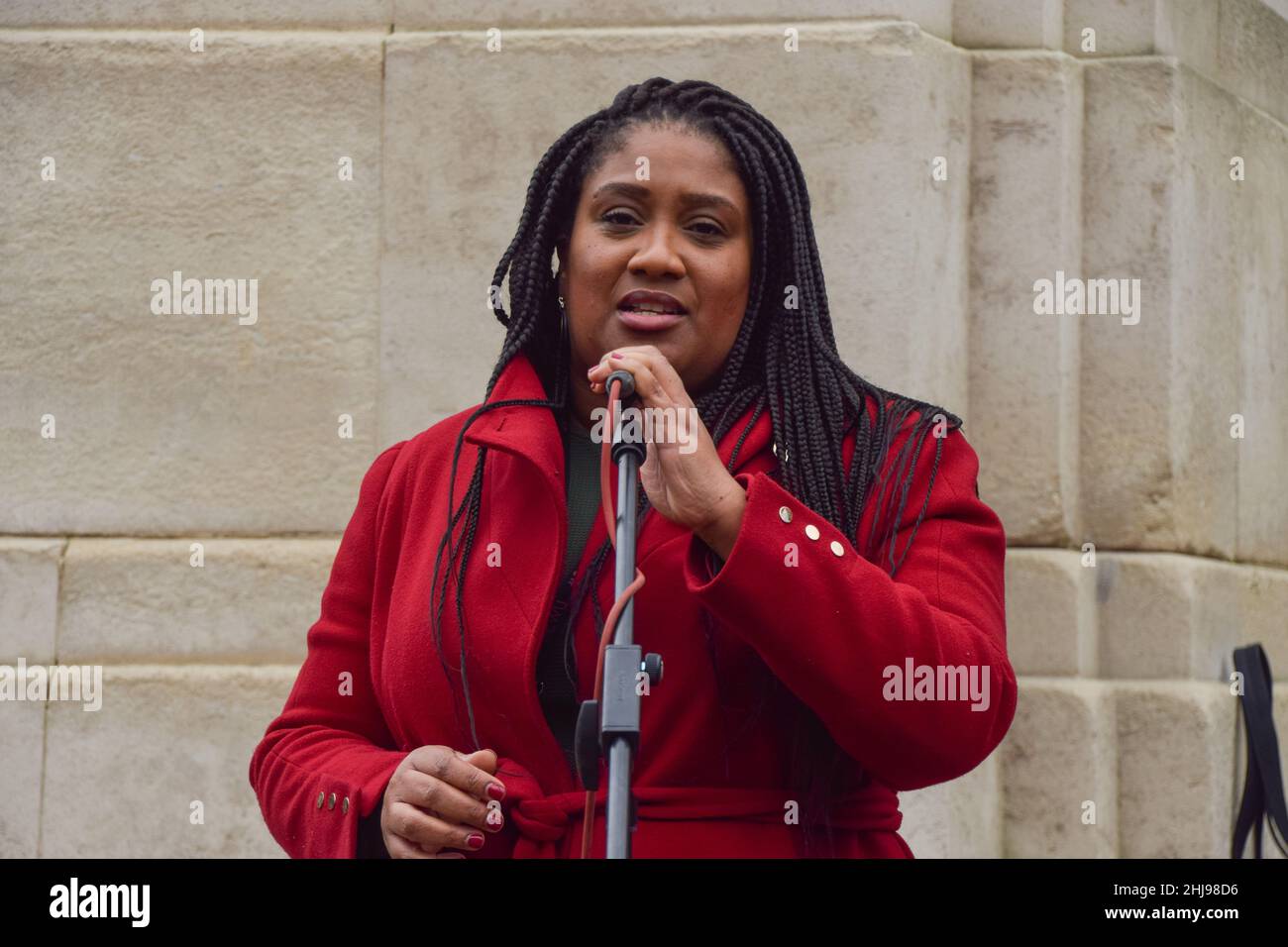 London, UK 27th January 2022. Labour MP Bell Ribeiro-Addy speaks during the protest. Demonstrators gathered outside the parliament in protest against the Nationality and Borders Bill, which will make it easier for the UK Government to strip people of their citizenship. Credit: Vuk Valcic / Alamy Live News Stock Photo