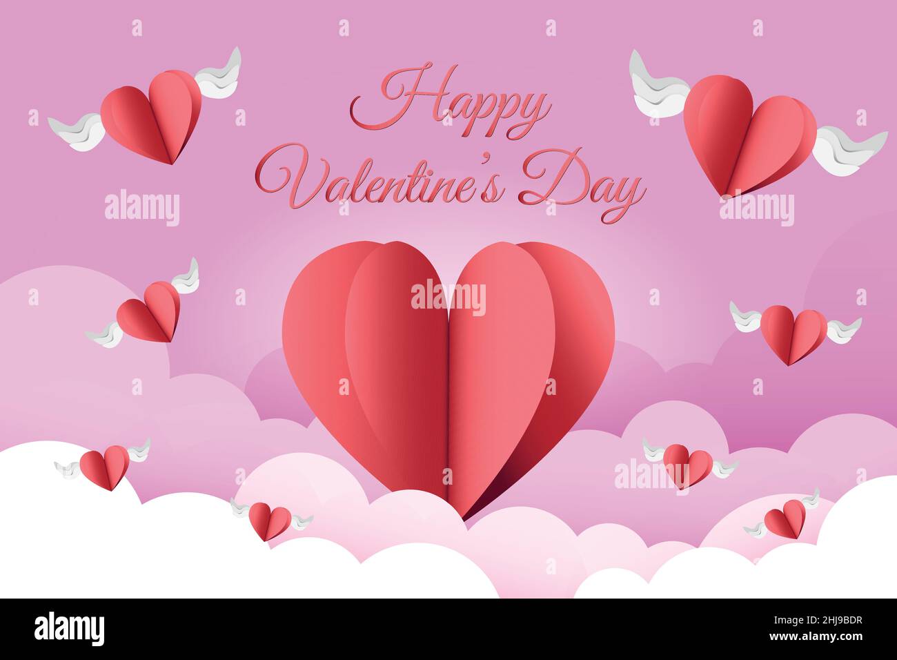 Elegant pink background of clouds and cut paper hearts with wings ...