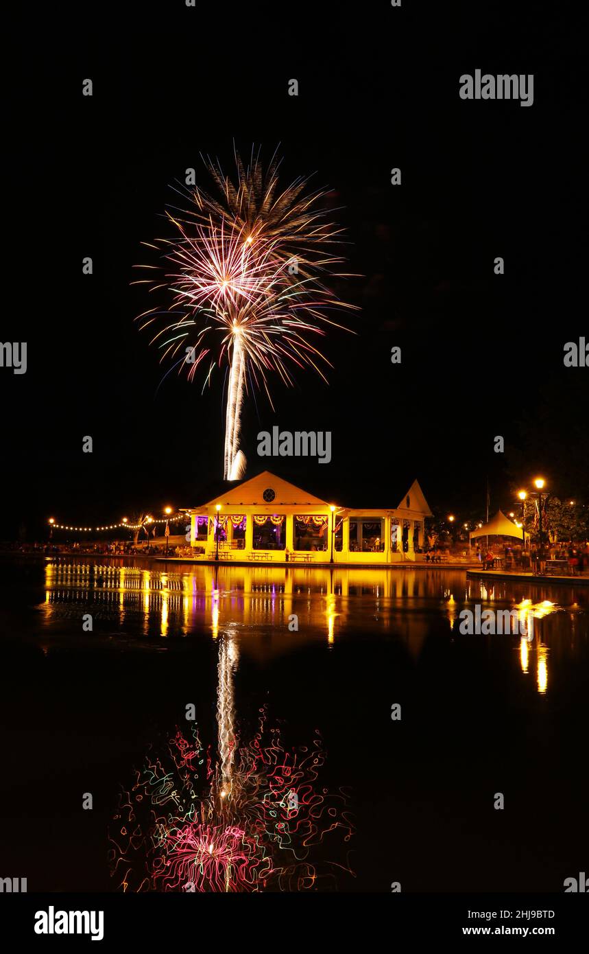 Fireworks over Shawnee Park pavilion. July 4th, Independence Day