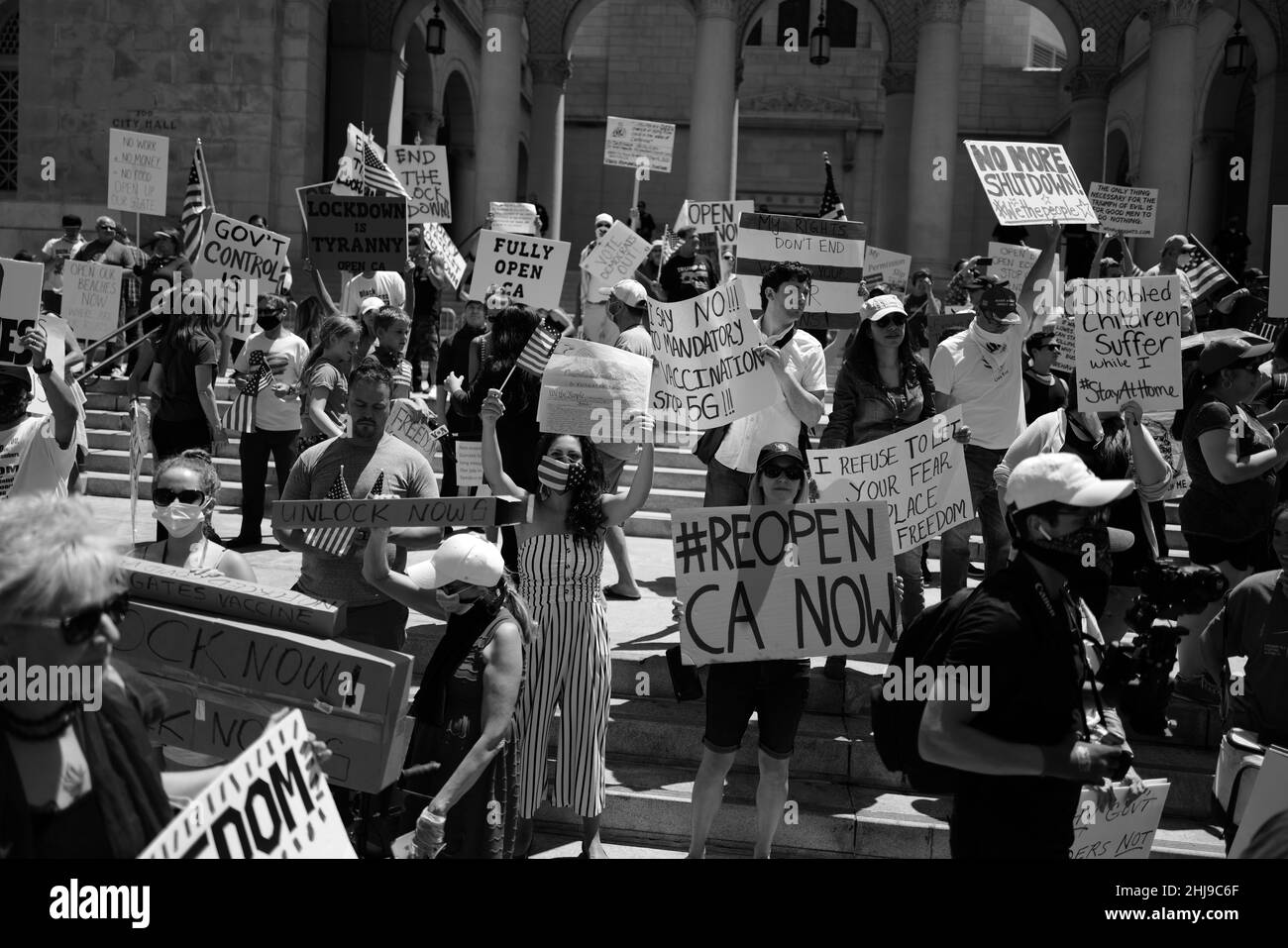 Covid protest in Los Angeles odd times in world history with Covid-19 people are not happy and police are out in force Stock Photo