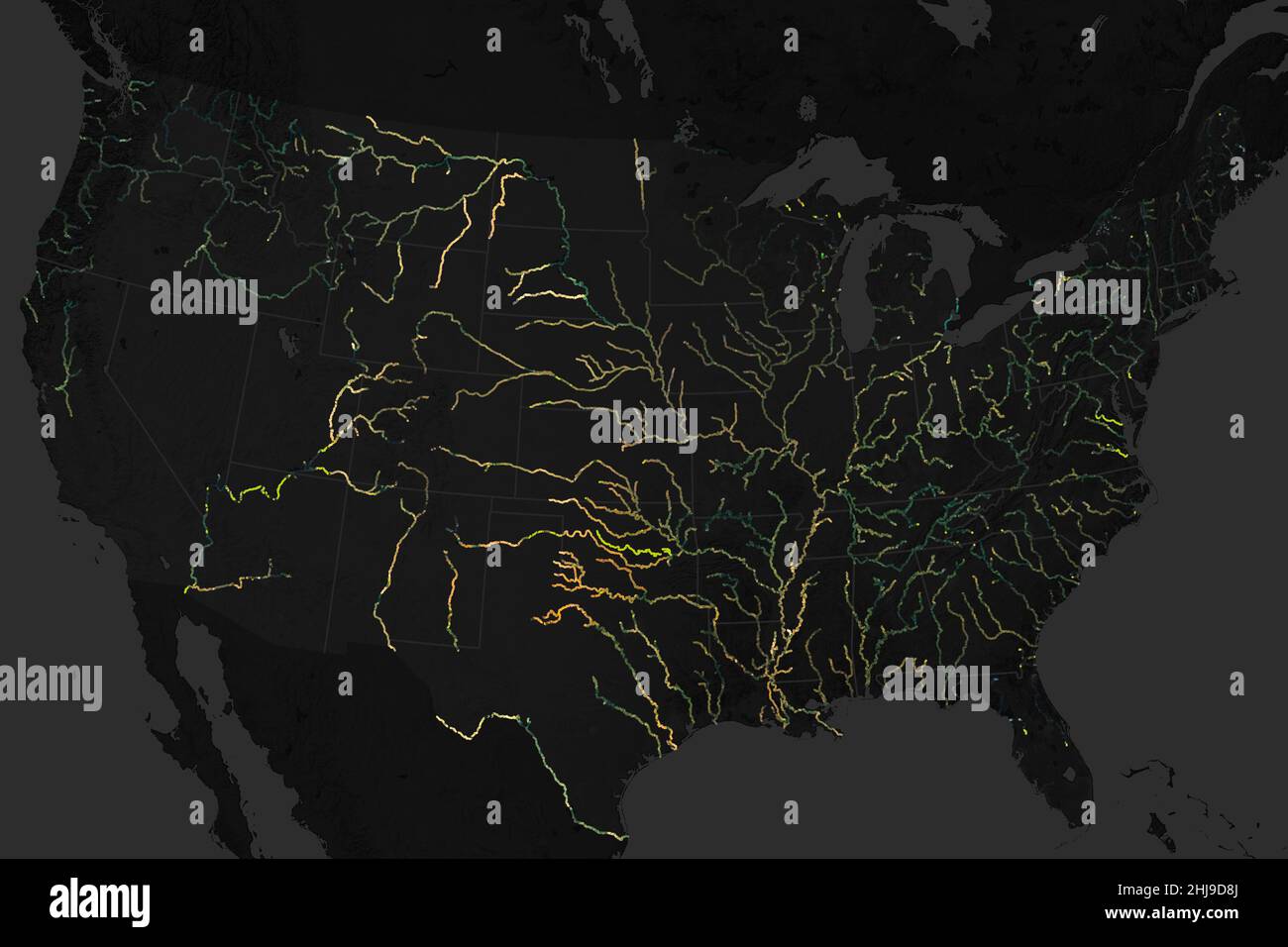 Much like the sky, rivers are rarely painted one color. Rivers around the world appear in shades of yellow, green, blue, and brownand subtle changes in the environment can alter their colors. New research shows the dominant color has changed in about one-third of large rivers in the continental United States over the past 35 years. The figure above shows data from a map of river color for the contiguous United States. The rivers are colored as they would approximately appear to the human eye. The map was built from 234,727 images collected by Landsat satellites between 1984 and 2018. The data Stock Photo