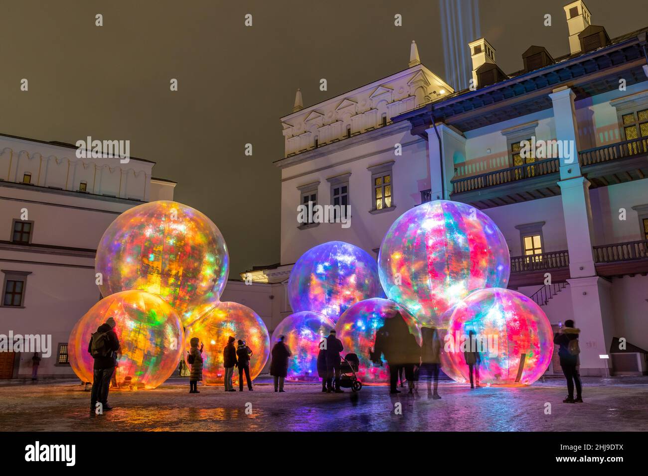 Vilnius Light Festival. Lights installation at the Palace of the Grand  Dukes of Lithuania with inflated magic bubbles illuminated by various  colors Stock Photo - Alamy