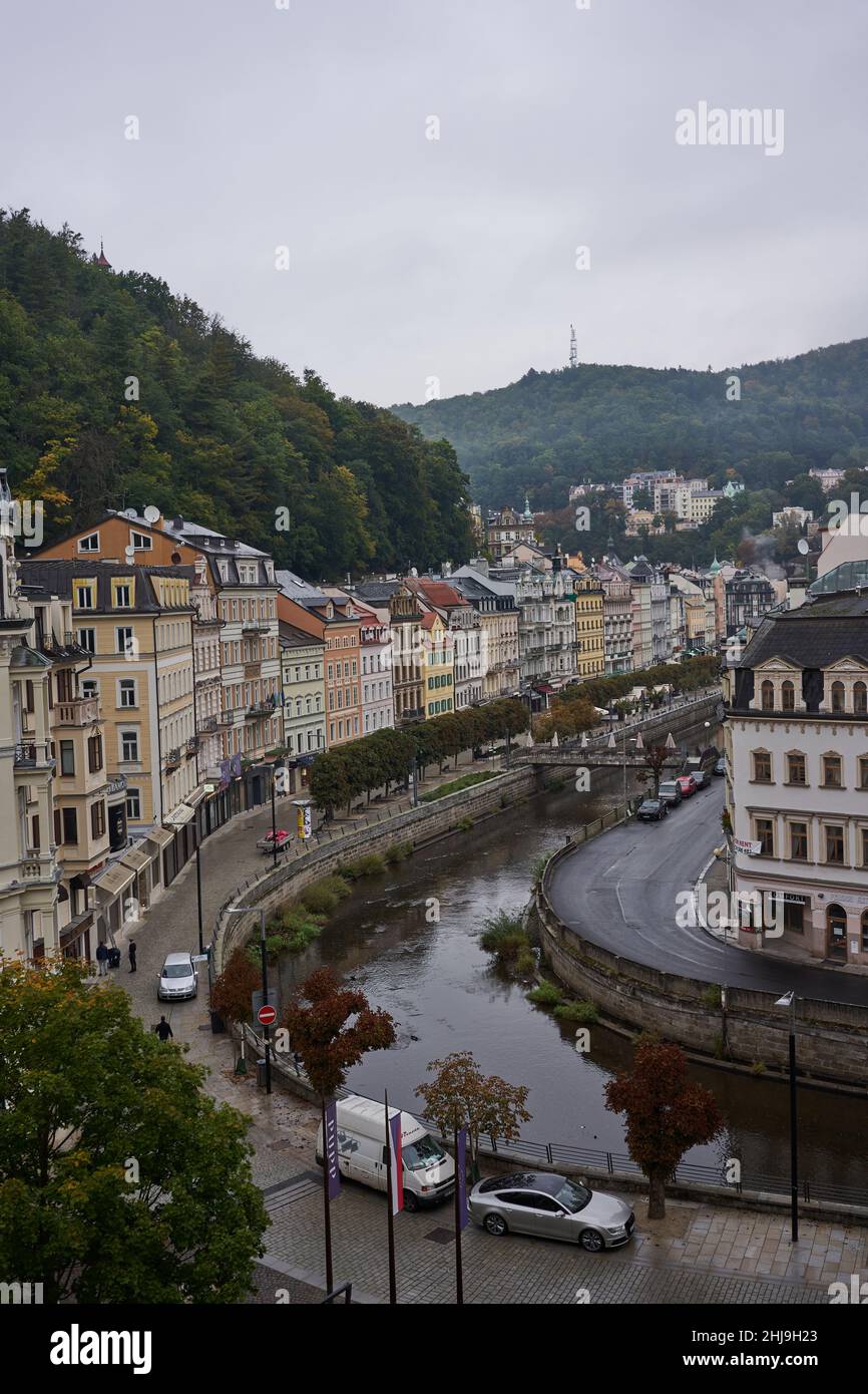 Karlovy Vary, Czech Republic - September 26, 2021 - view from the Grandhotel Pupp in the late summer afternoon Stock Photo