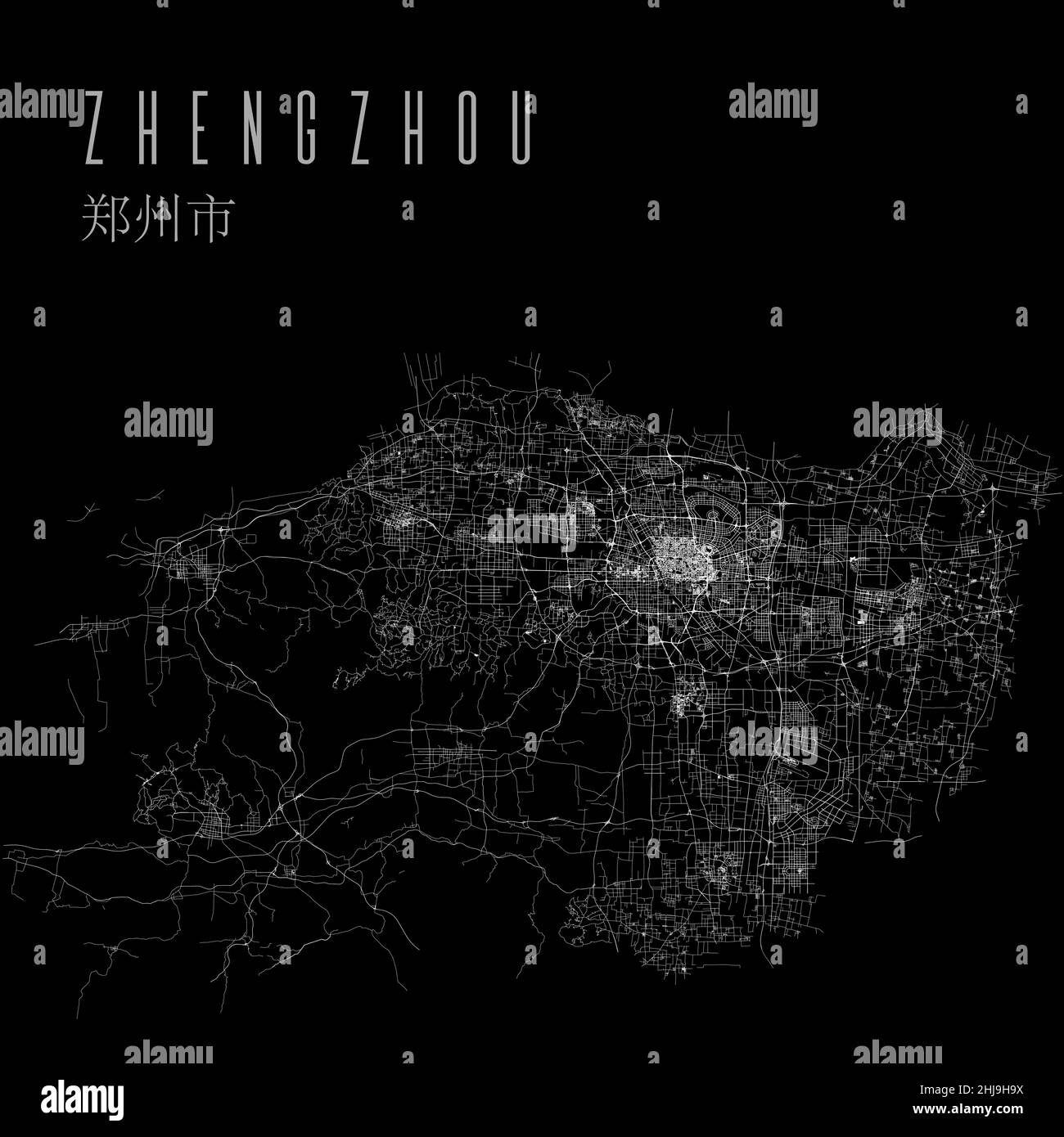 Zhengzhou city province vector map poster. China municipality square linear road map, administrative municipal area, white lines on black background, Stock Vector