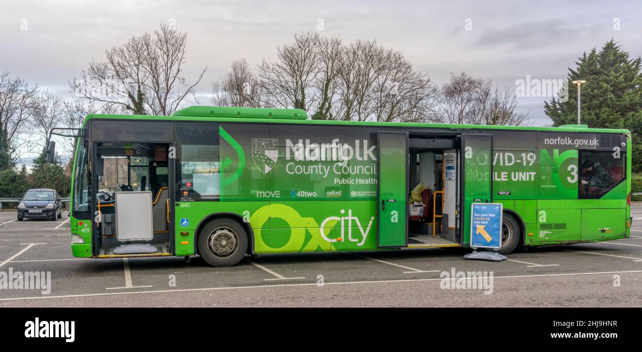 Norfolk County Council mobile Covid-19 testing unit at King's Lynn offering free tests during the coronavirus pandemic. Stock Photo