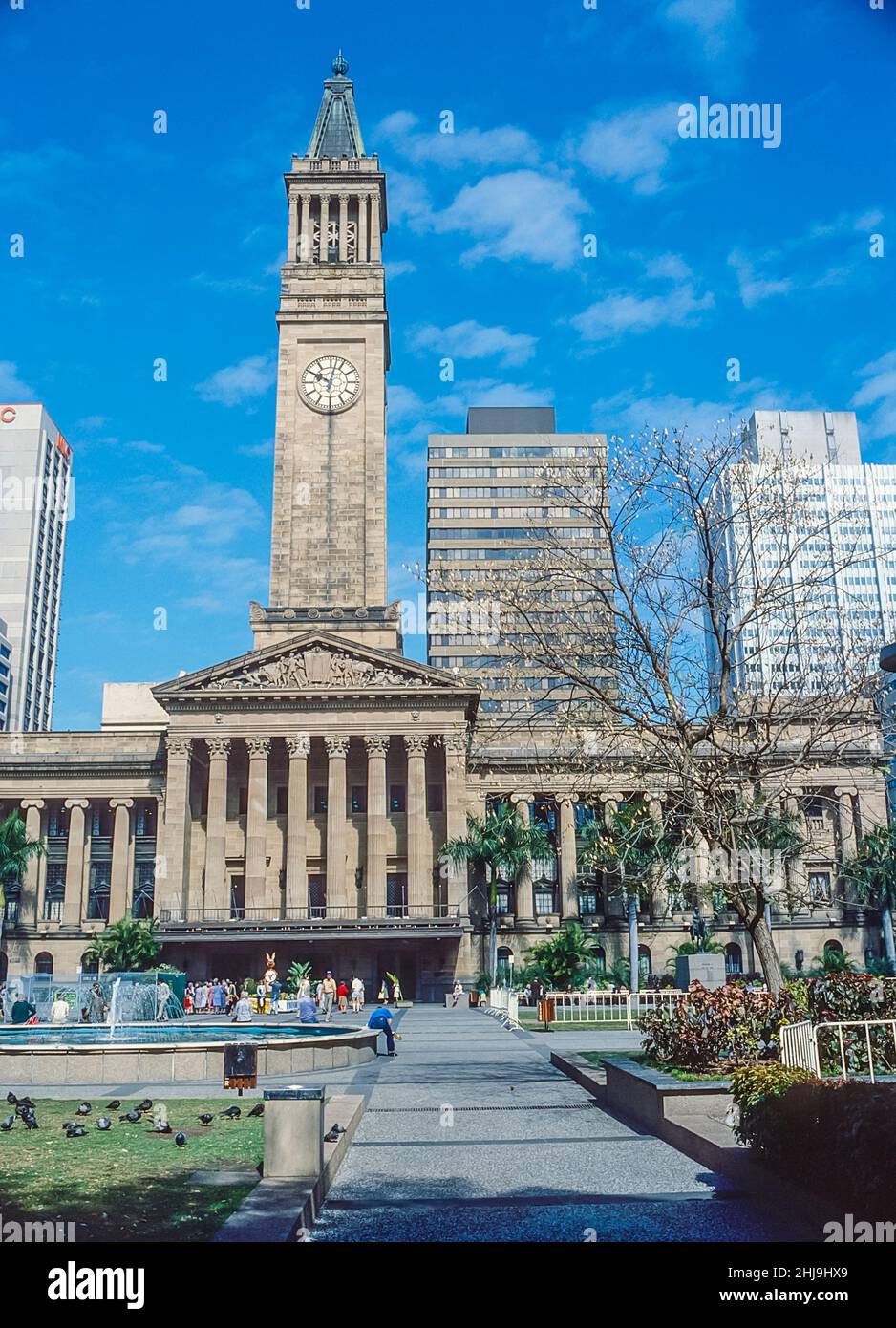 This bustling image and vibrant street scene is of Brisbane City Hall