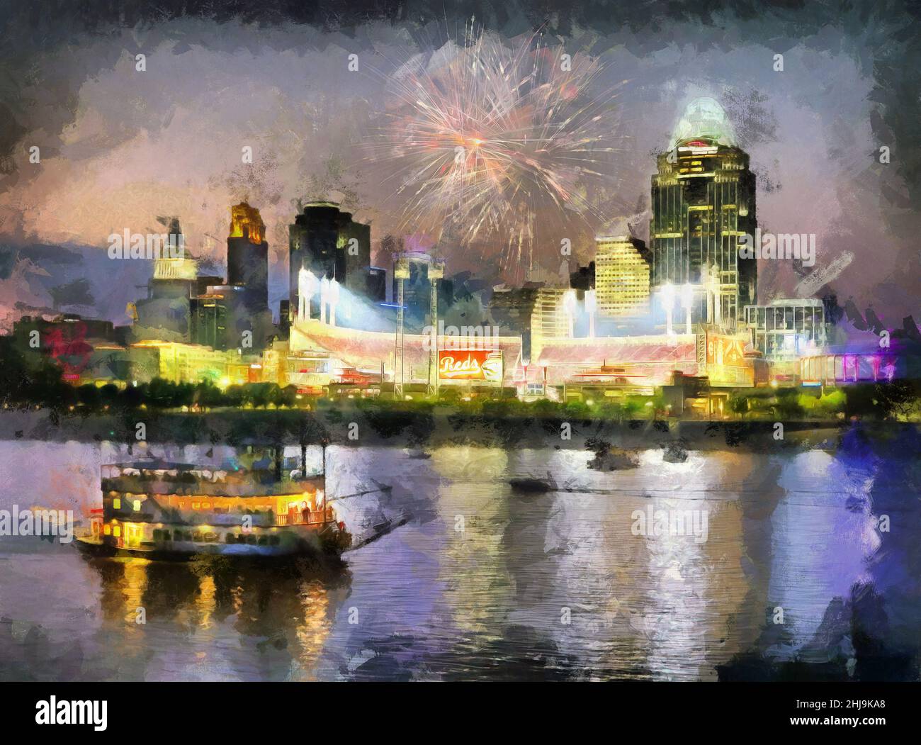 Cincinnati skyline and Cincinnati Reds baseball stadium, with fireworks display, with foreground sternwheeler river boat on the Ohio River. As viewed Stock Photo