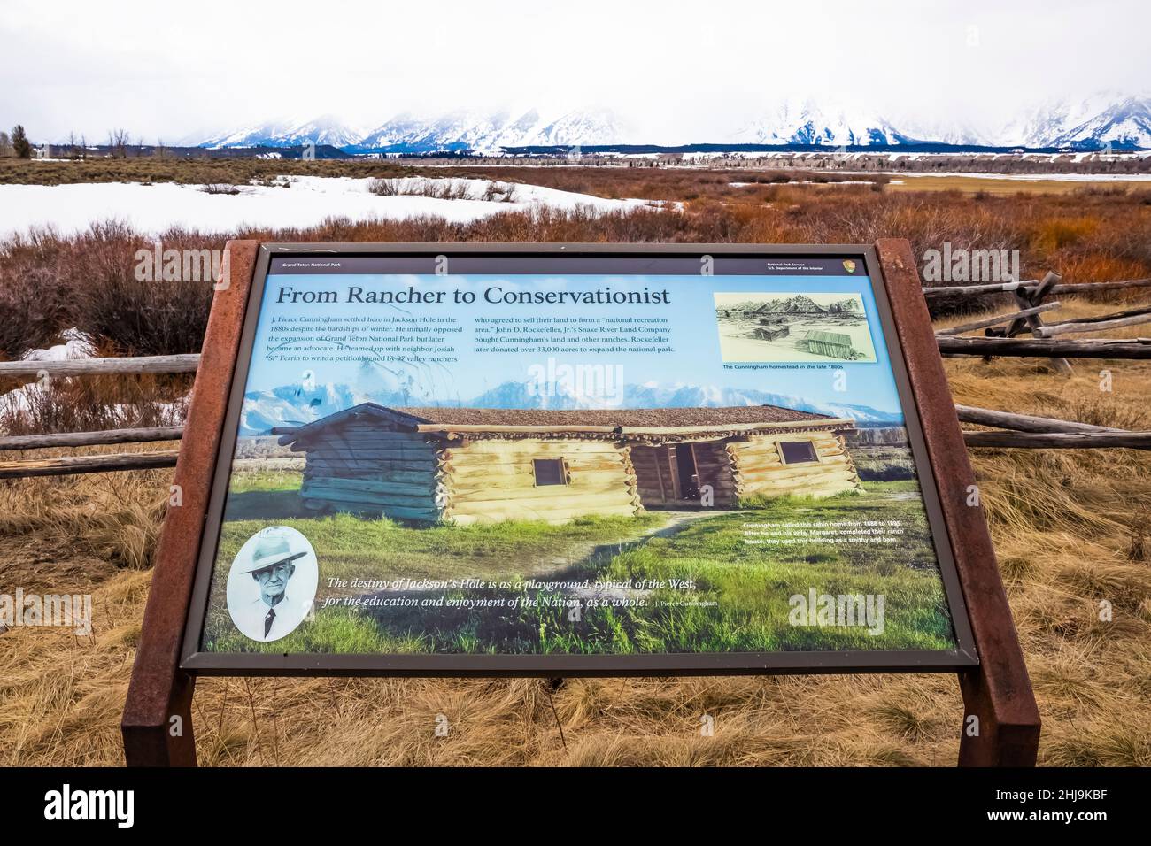 Interpretive sign about the historic Cunningham Cabin in Grand Teton National Park, Wyoming, USA Stock Photo