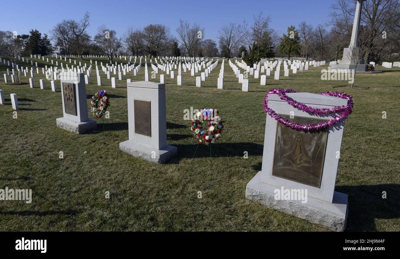 Arlington, United States. 27th Jan, 2022. The Space Shuttle Columbia and Space Shuttle Challenger Memorials are seen after a wreath laying ceremony that was part of NASA's Day of Remembrance, Thursday, Jan. 27, 2022, at Arlington National Cemetery in Arlington, Virginia. Wreaths were laid in memory of those men and women who lost their lives in the quest for space exploration. NASA Photo by Bill Ingalls/UPI Credit: UPI/Alamy Live News Stock Photo