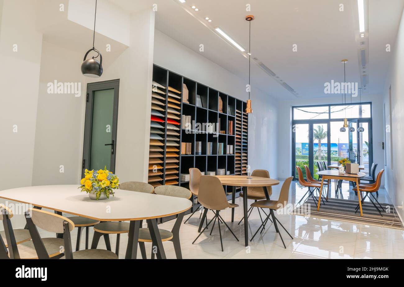 Beautiful office interior design with round conference tables Stock ...