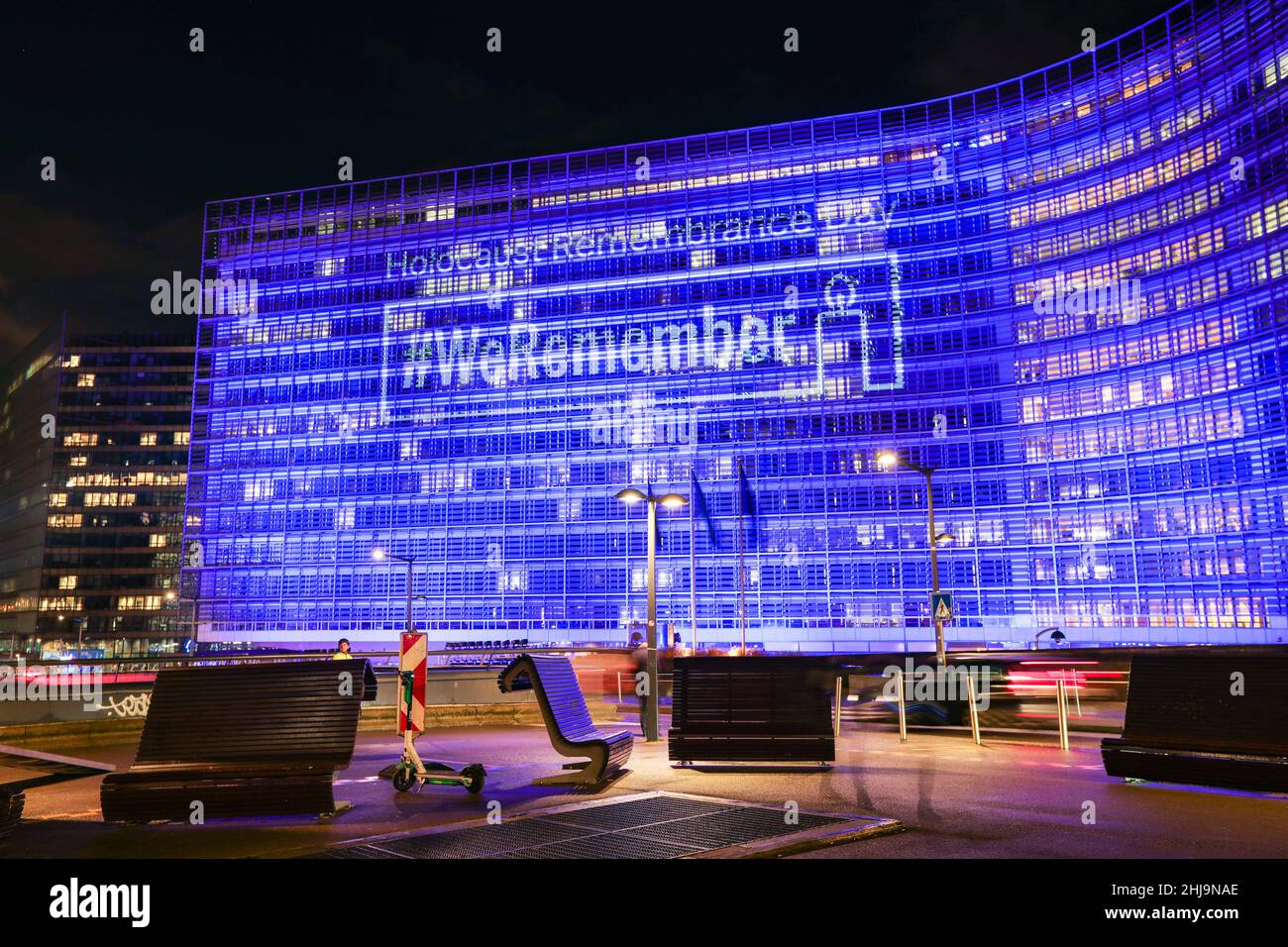 Brussels, Belgium. 27th Jan, 2022. The building of European Commission is illuminated as part of the International Holocaust Remembrance Day activities in Brussels, Belgium, Jan. 27, 2022. International Holocaust Remembrance Day is a global memorial day on Jan. 27 designated by the United Nations in 2005 to commemorate the genocide that occurred during World War II. Credit: Zheng Huansong/Xinhua/Alamy Live News Stock Photo