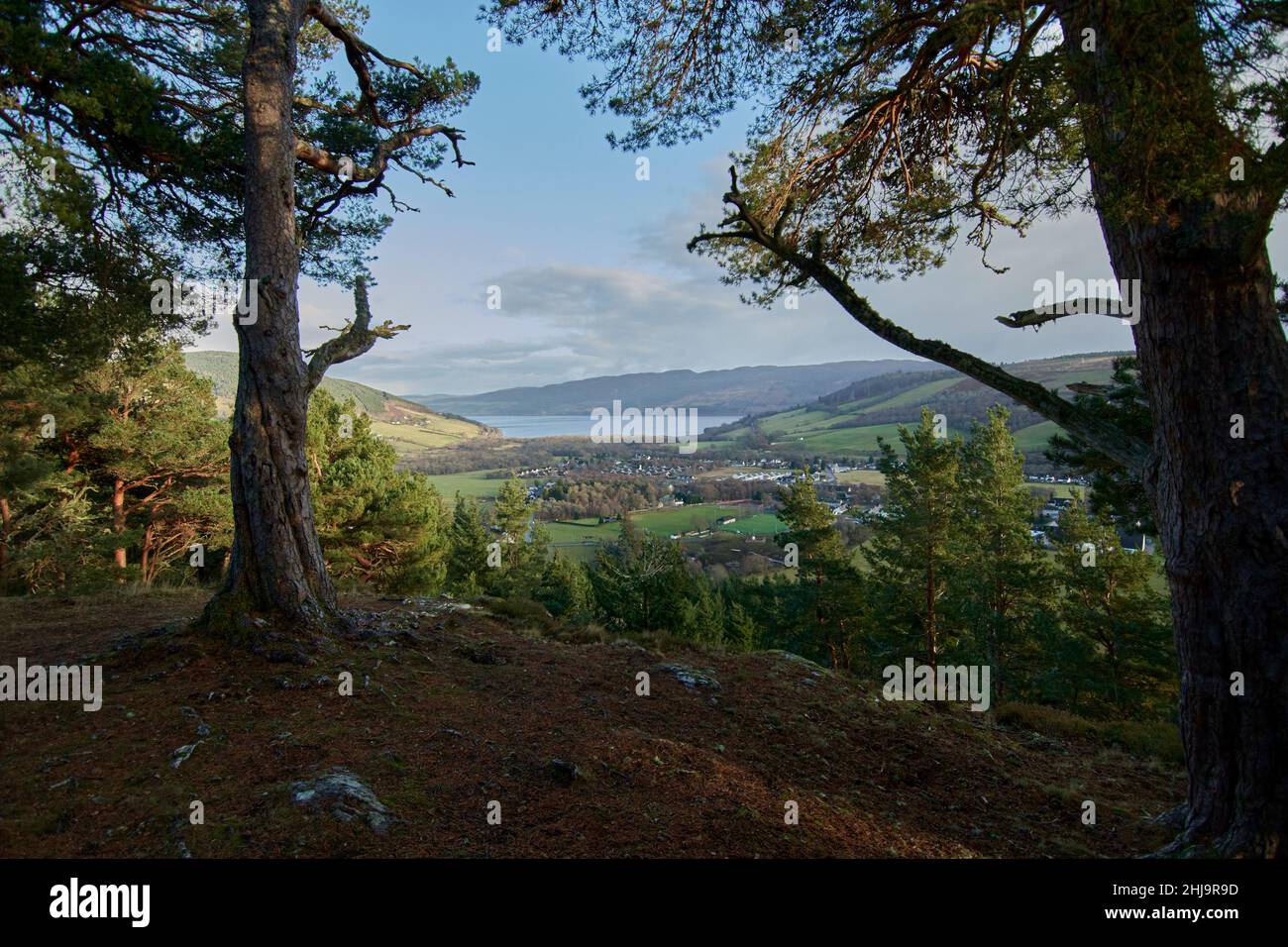 Looking north to Drumnadrochit and Loch Ness from the hill top of Craigmonie, Highland Region, Scotland, UK Stock Photo