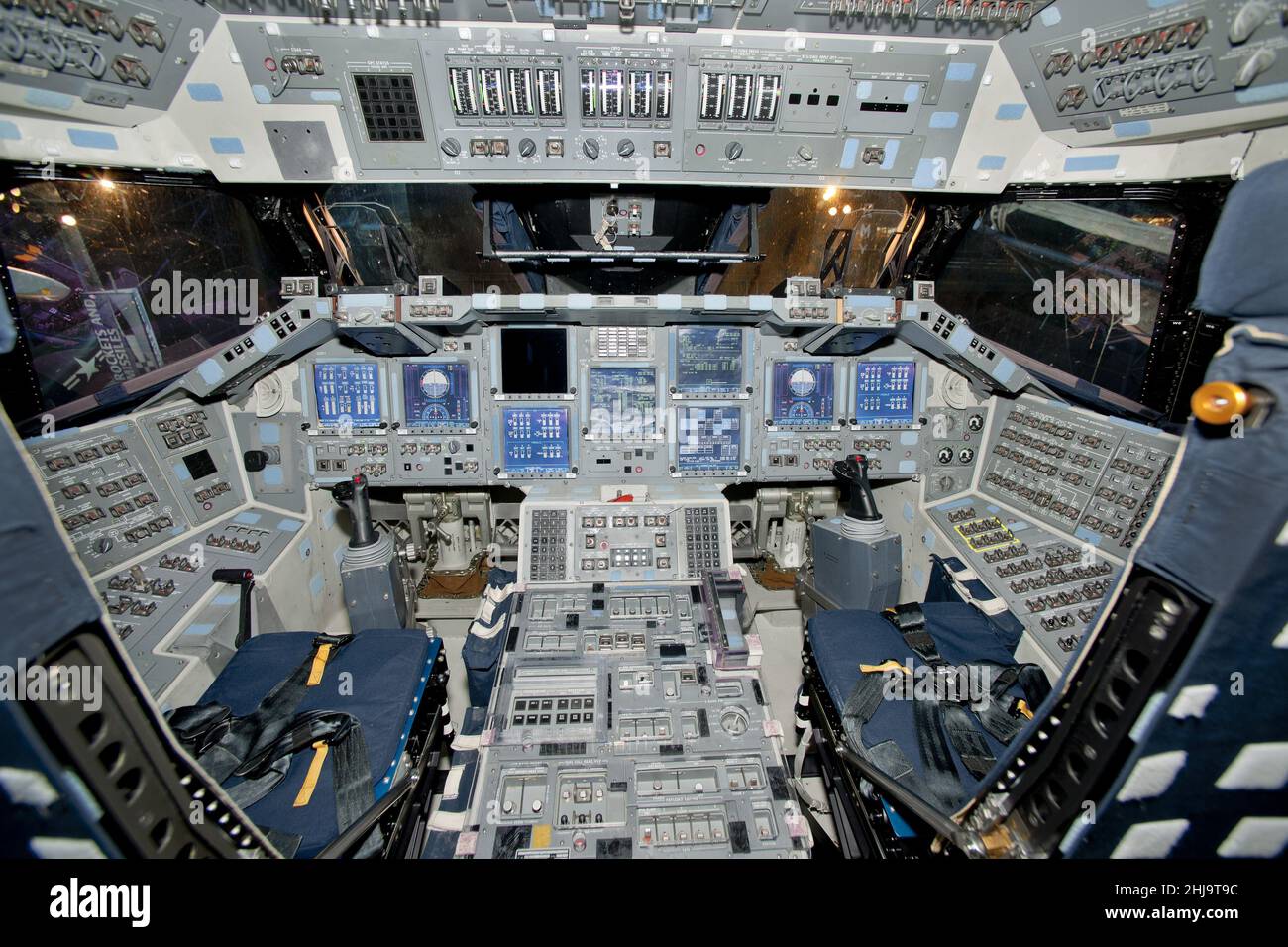 Interior view of Space Shuttle Discovery showing the primary or forward flight deck and controls Stock Photo
