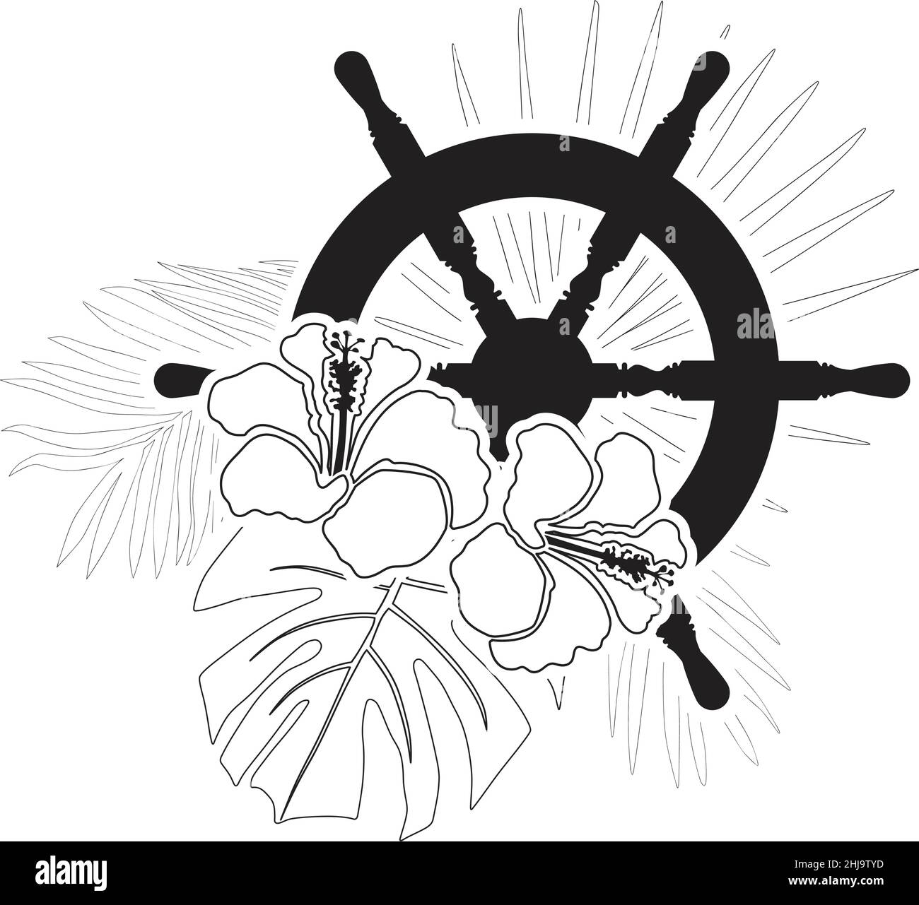 steering wheel and palm leaves Stock Vector