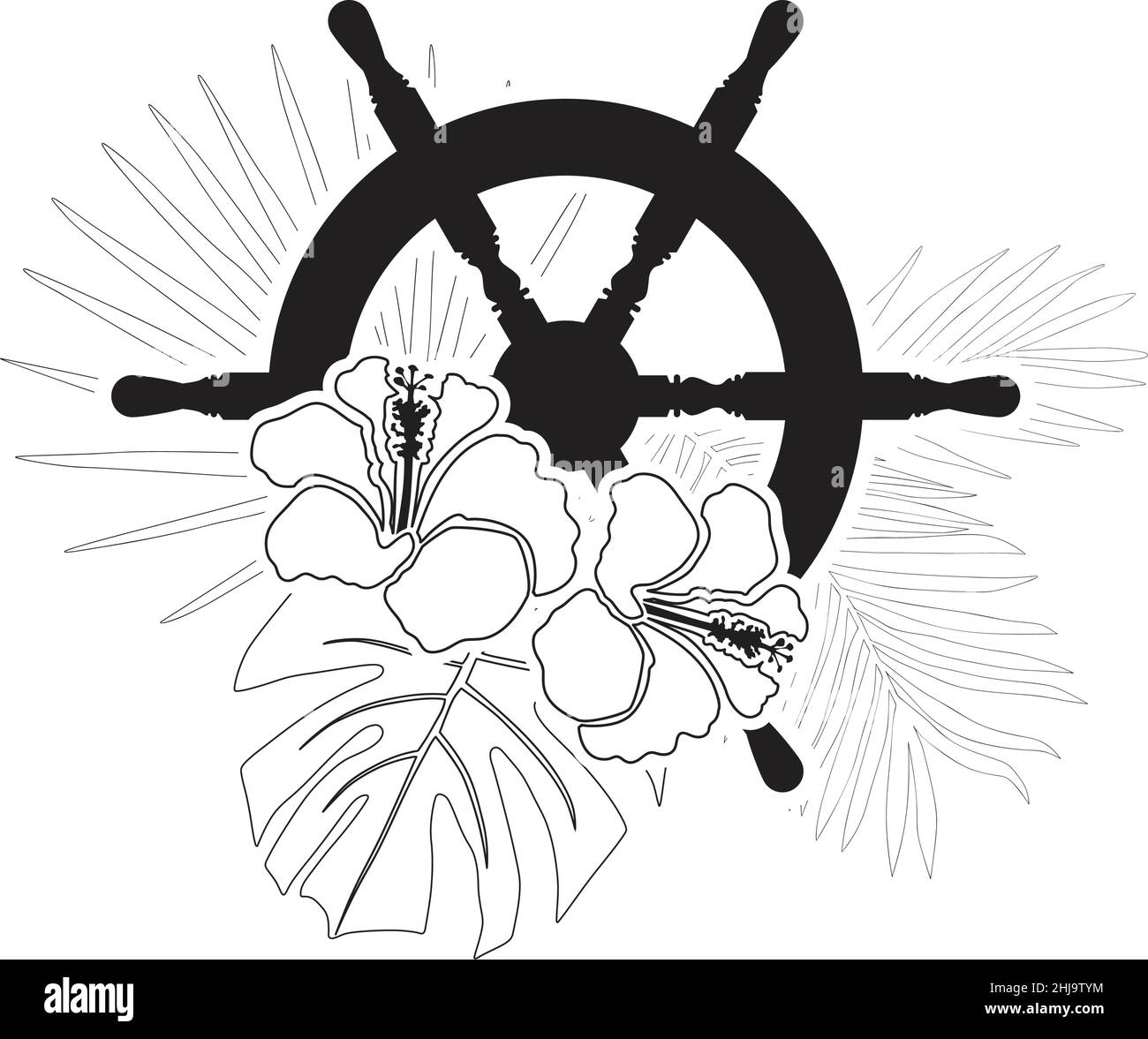 steering wheel and palm leaves Stock Vector