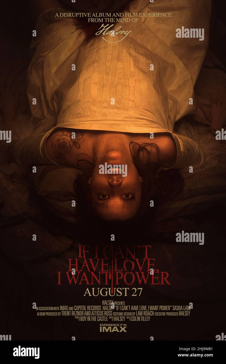 'If I Can't Have Love, I Want Power (2021) directed by Colin Tilley and starring Halsey, Sasha Lane and Vuk Celebic. The music of Halsey's upcoming album, introduces a young pregnant Queen, Lila, as she wrestles with the chokehold of love to ultimately discover that the ability to create life (and end it) unlocks the paranormal power within her. Stock Photo