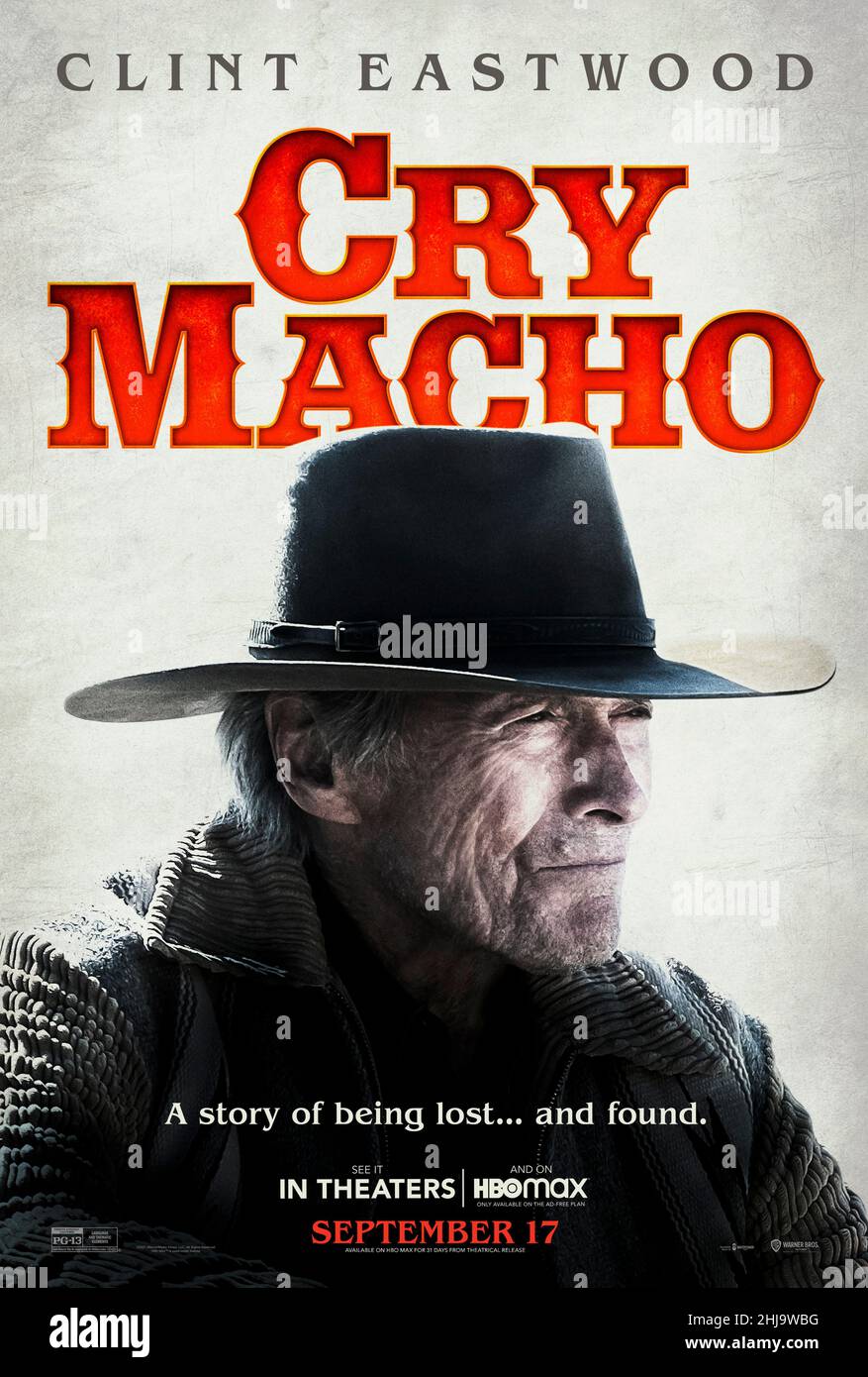 Cry Macho (2021) directed by Clint Eastwood and starring Clint Eastwood, Dwight Yoakam and Daniel V. Graulau. A one-time rodeo star and washed-up horse breeder takes a job to bring a man's young son home and away from his alcoholic mom. On their journey, the horseman finds redemption through teaching the boy what it means to be a good man. Stock Photo