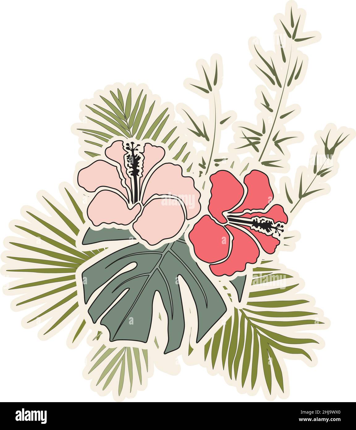hibiscus flowers and palm leaves Stock Vector Image & Art - Alamy
