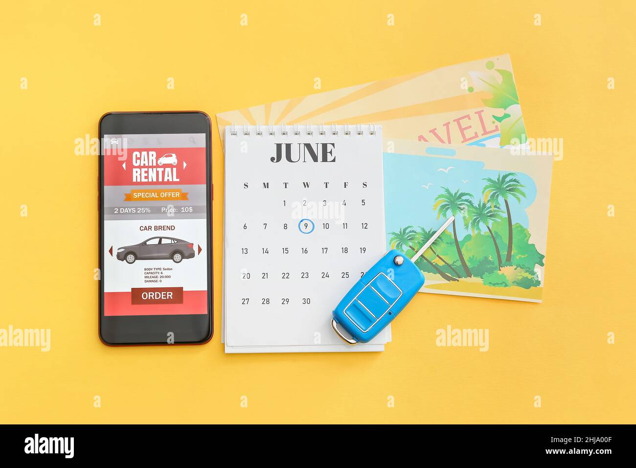 Mobile phone with open car rent app, calendar and key on yellow ...