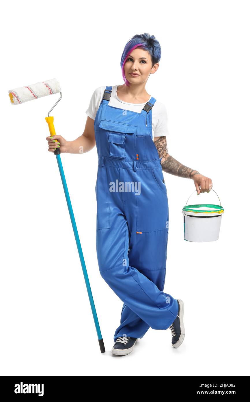 Female painter in blue uniform with paint roller and bucket on white ...