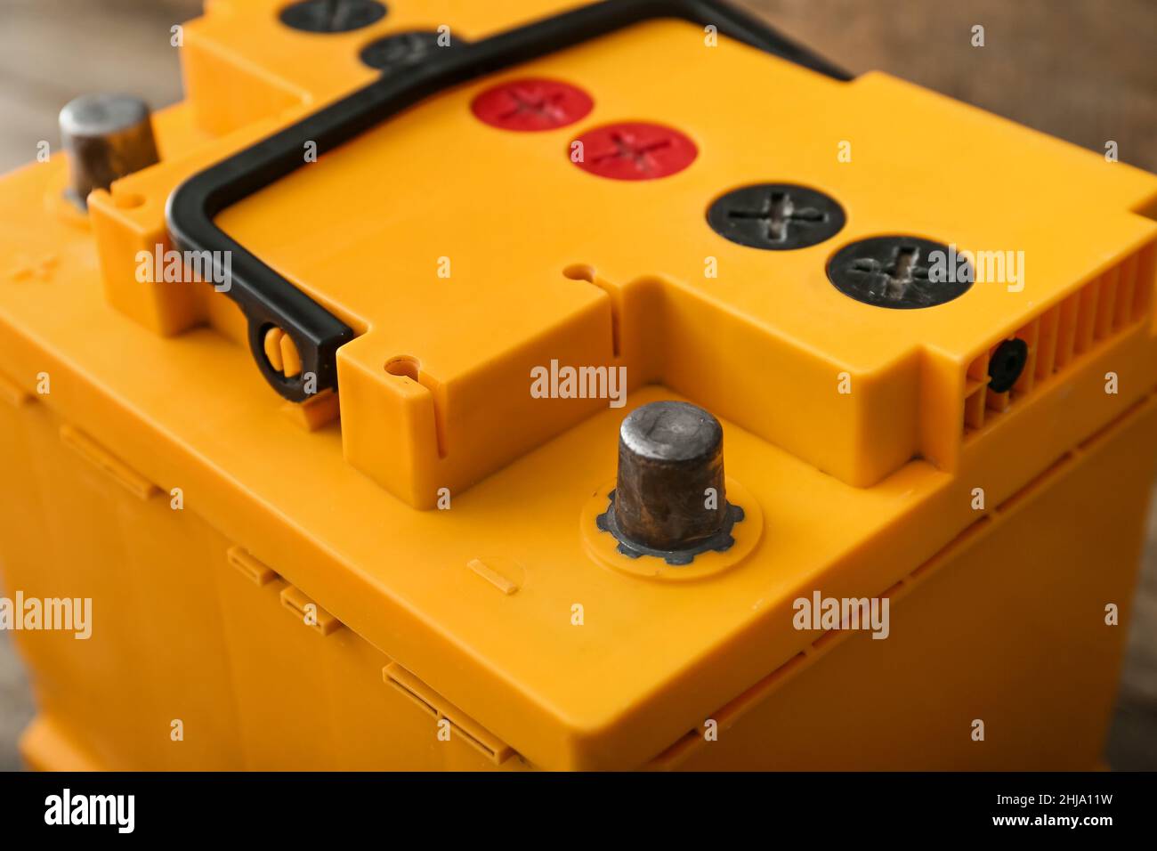 Modern car battery on table, closeup Stock Photo Alamy