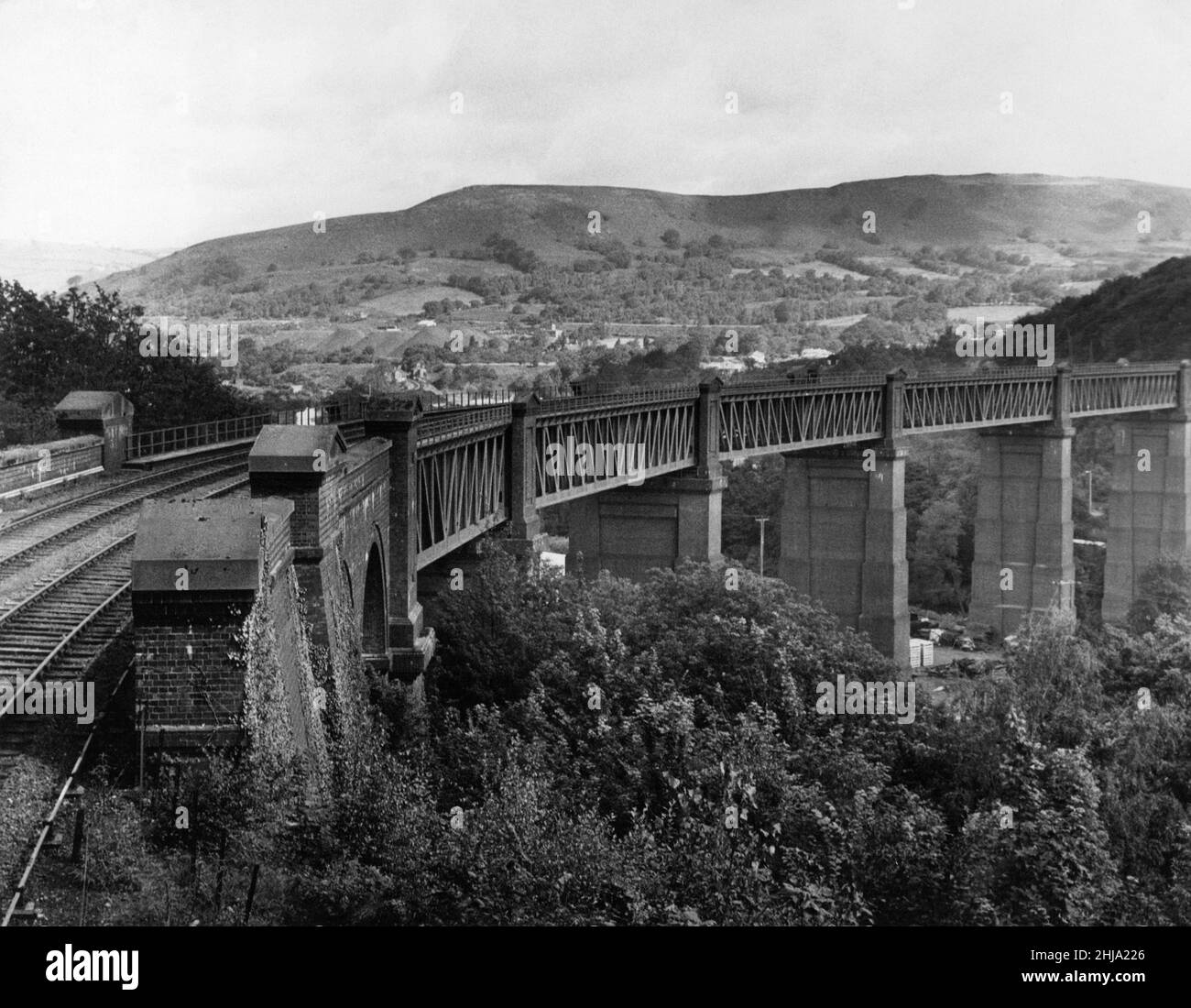 Walnut Tree Viaduct, a railway viaduct located above the southern edge of the village of Taffs Well, Cardiff, South Wales, September 1963. Made of Brick columns and Steel lattice girders spans. Stock Photo