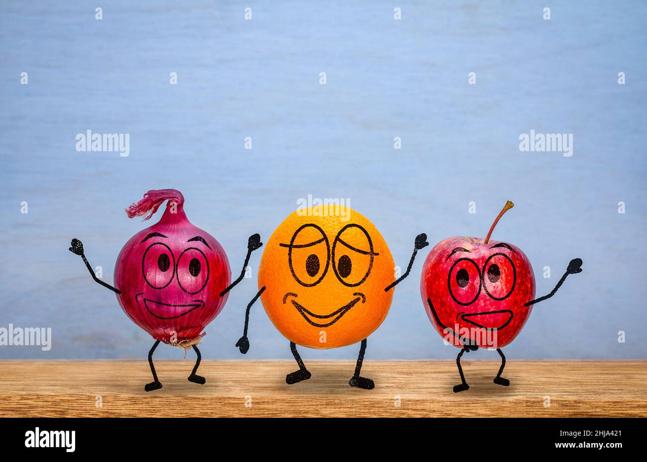 Dancing Apple, Orange and Onion, sketch illustration on photo, happy