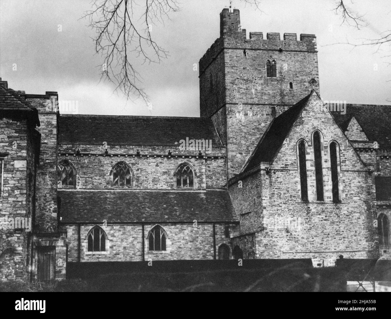 Brecon Cathedral, Brecon, a market town and community in Powys, Mid Wales, April 1962. Brecon Cathedral is the cathedral of the Diocese of Swansea and Brecon in the Church in Wales and seat of the Bishop of Swansea and Brecon. Stock Photo