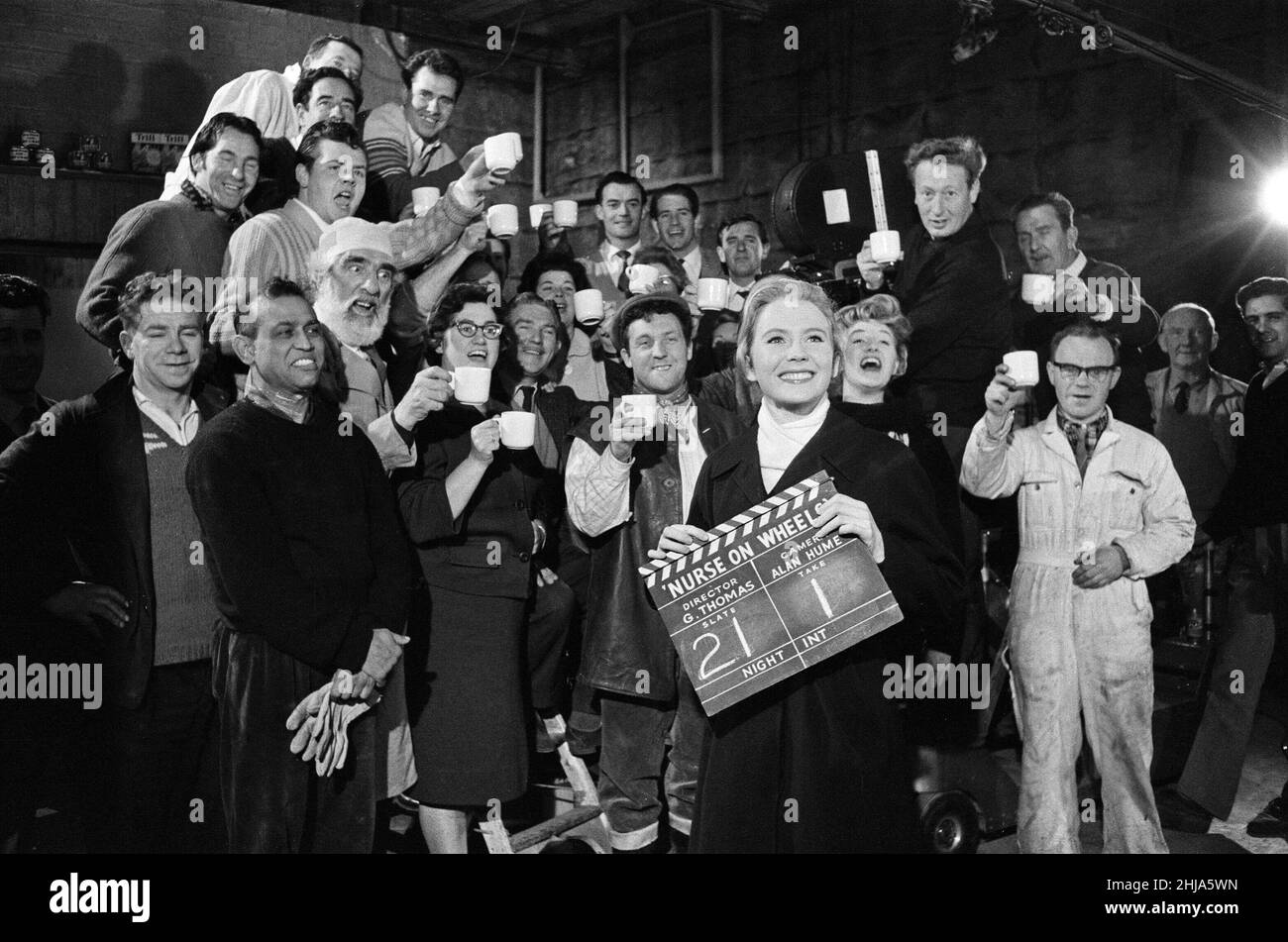 Actress Juliet Mills celebrates her 21st Birthday at Pinewood Studios during the filming of 'Nurse on Wheels'. 21st November 1962. Stock Photo