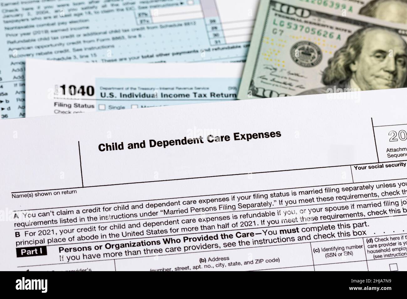 Child and dependent care tax credit form. Tax credit, deduction and tax return concept. Stock Photo