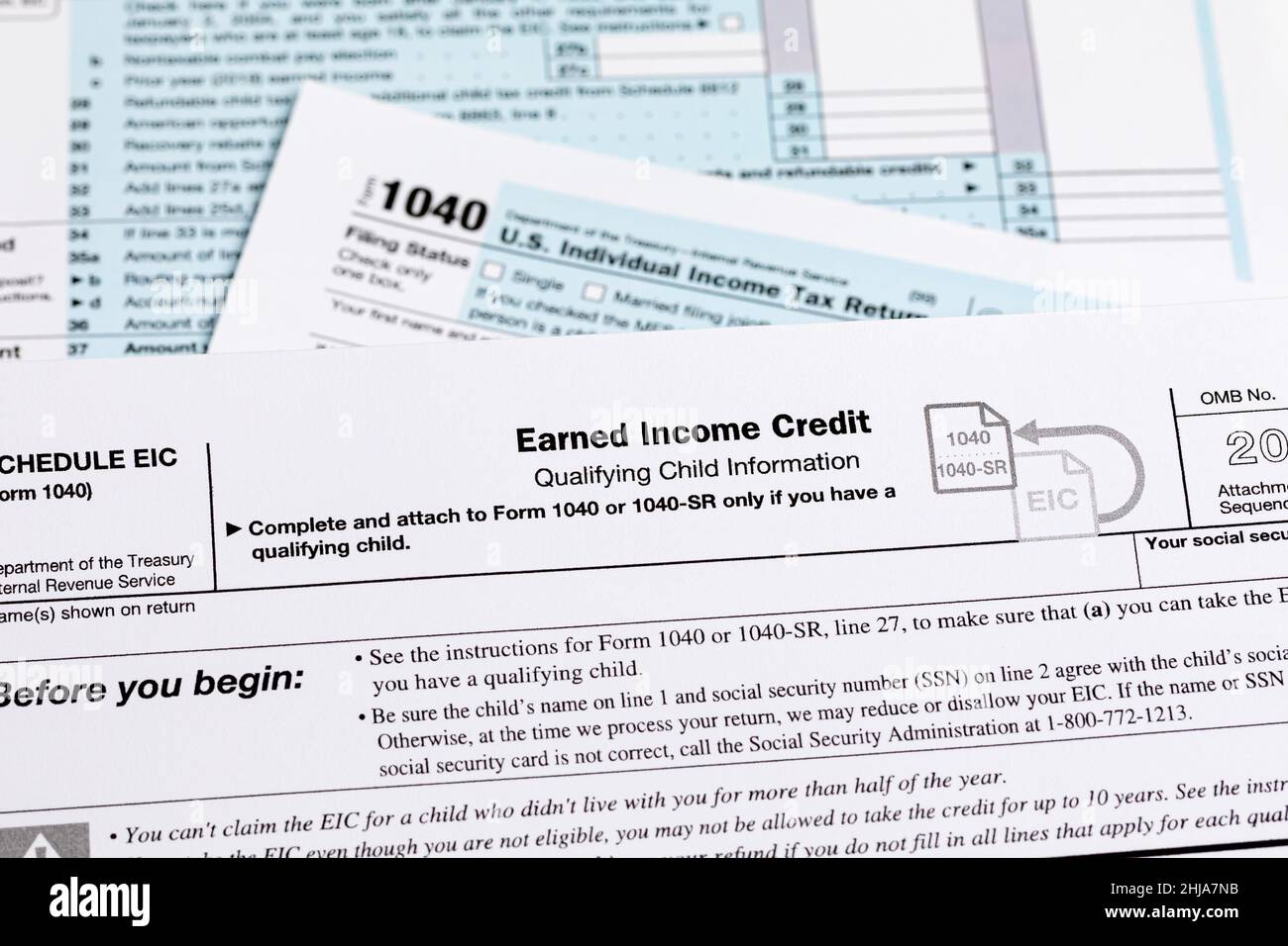 Earned income tax credit form. Tax credit, deduction and tax return concept. Stock Photo