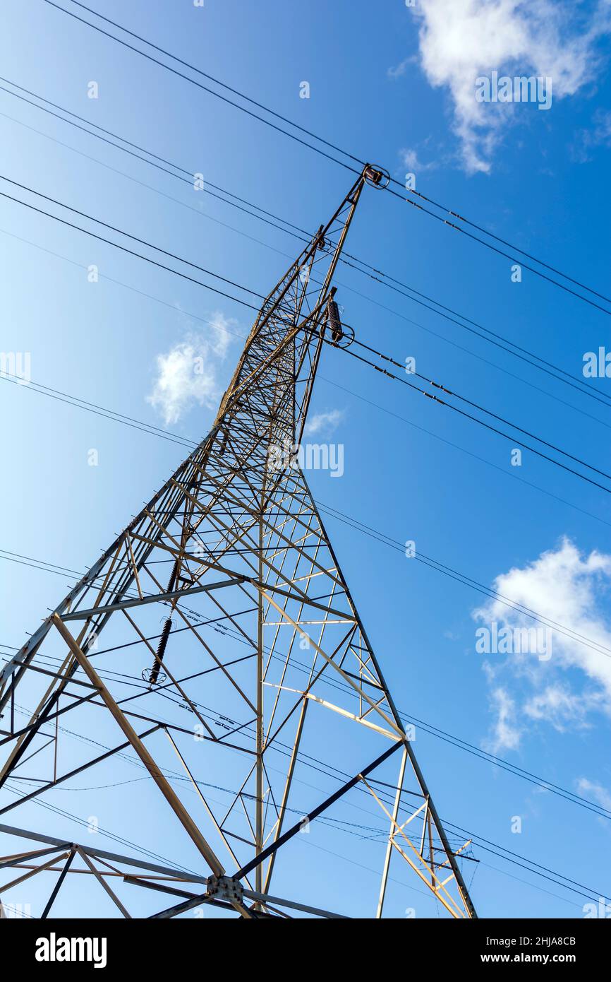 High voltage power lines on the mountain of penteli, Greece Stock Photo ...