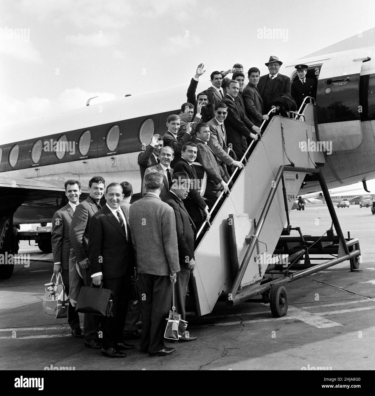 Real Madrid football team at London Airport waving goodbye as they board a plane for Manchester. 23rd April 1963. Stock Photo
