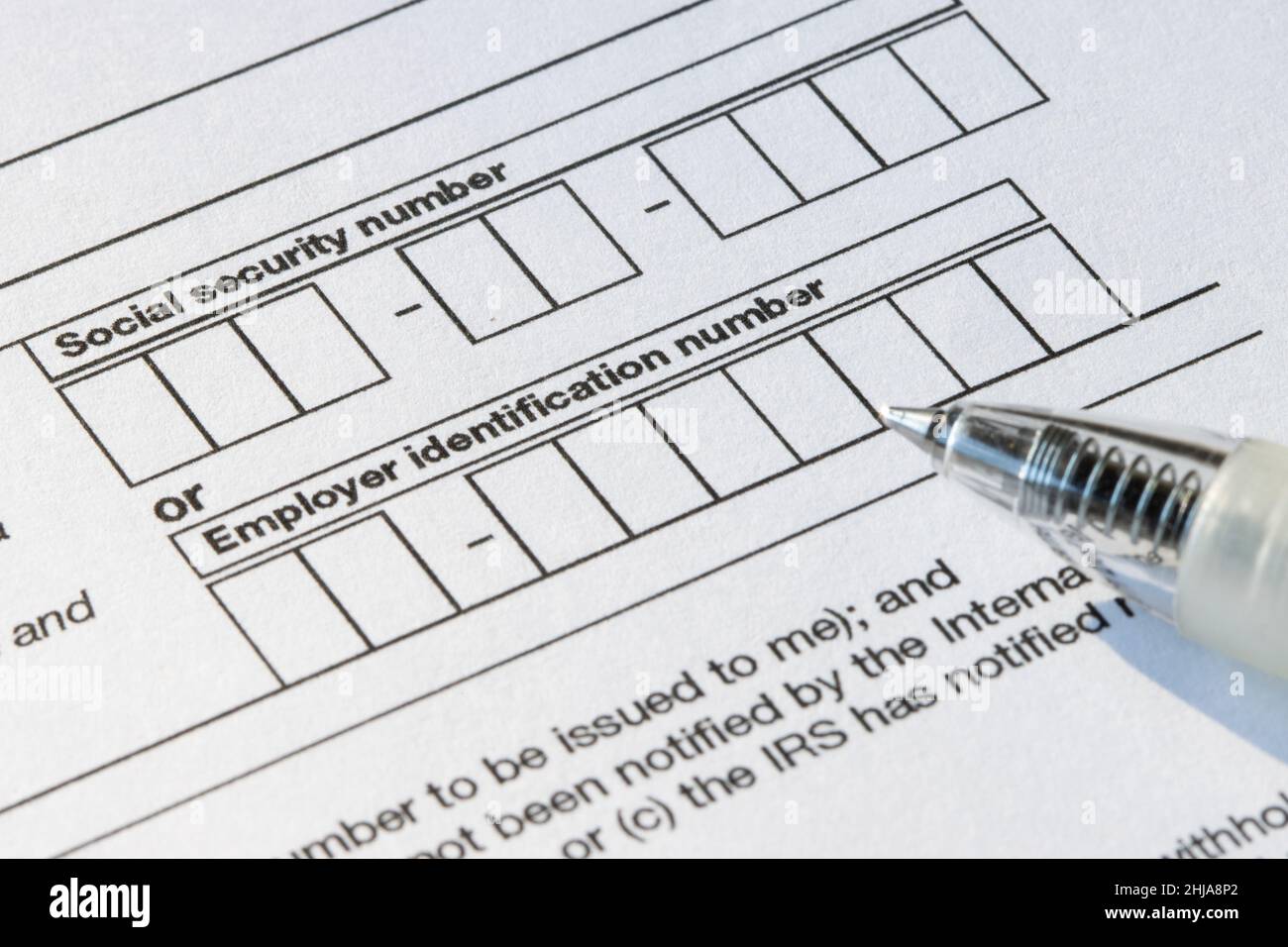 Closeup of the boxes for social security number (SSN) or employer identification number (EIN) on Form W-9, Request for Taxpayer Identification Number... Stock Photo