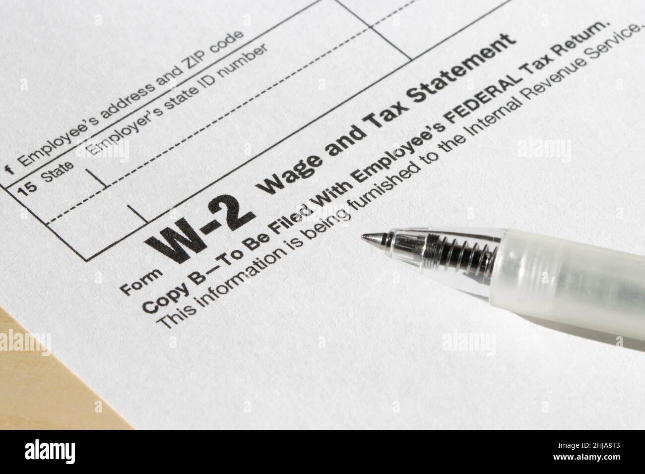 Closeup of Form W-2, Wage and Tax Statement. Stock Photo