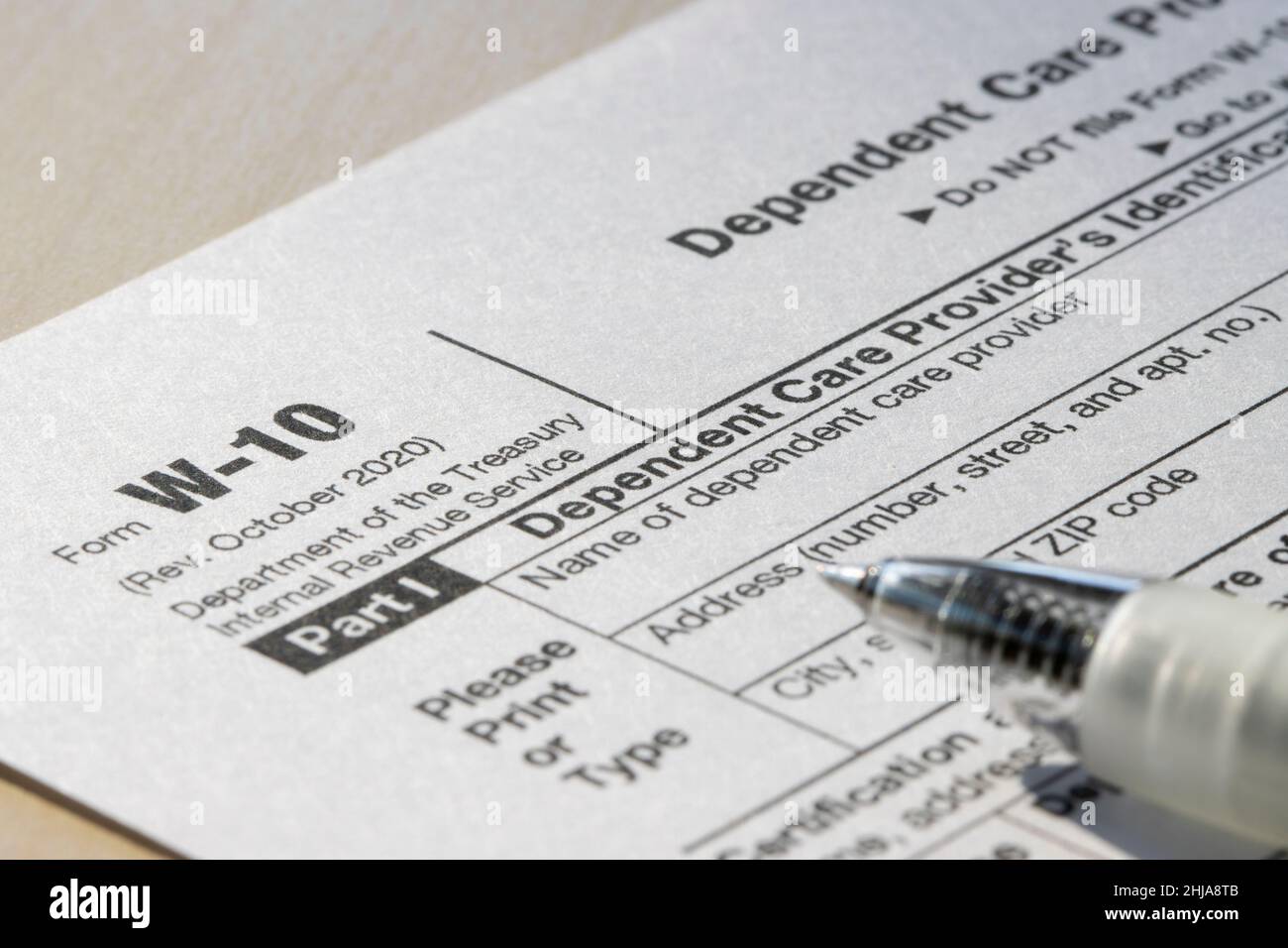 Closeup of Form W-10, Dependent Care Provider's Identification and Certification. Stock Photo