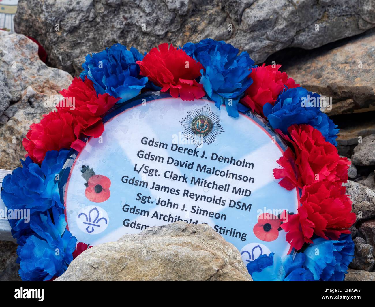 Scots Guard Memorial to the Battle of Tumbledown Mountain on June 14, 1982, Stanley, Falklands. Stock Photo