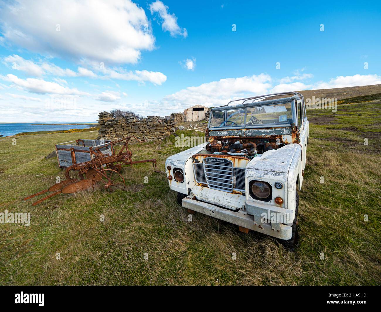 View of the sheep settlement abandoned in 1992 on Keppel Island, Falklands. Stock Photo