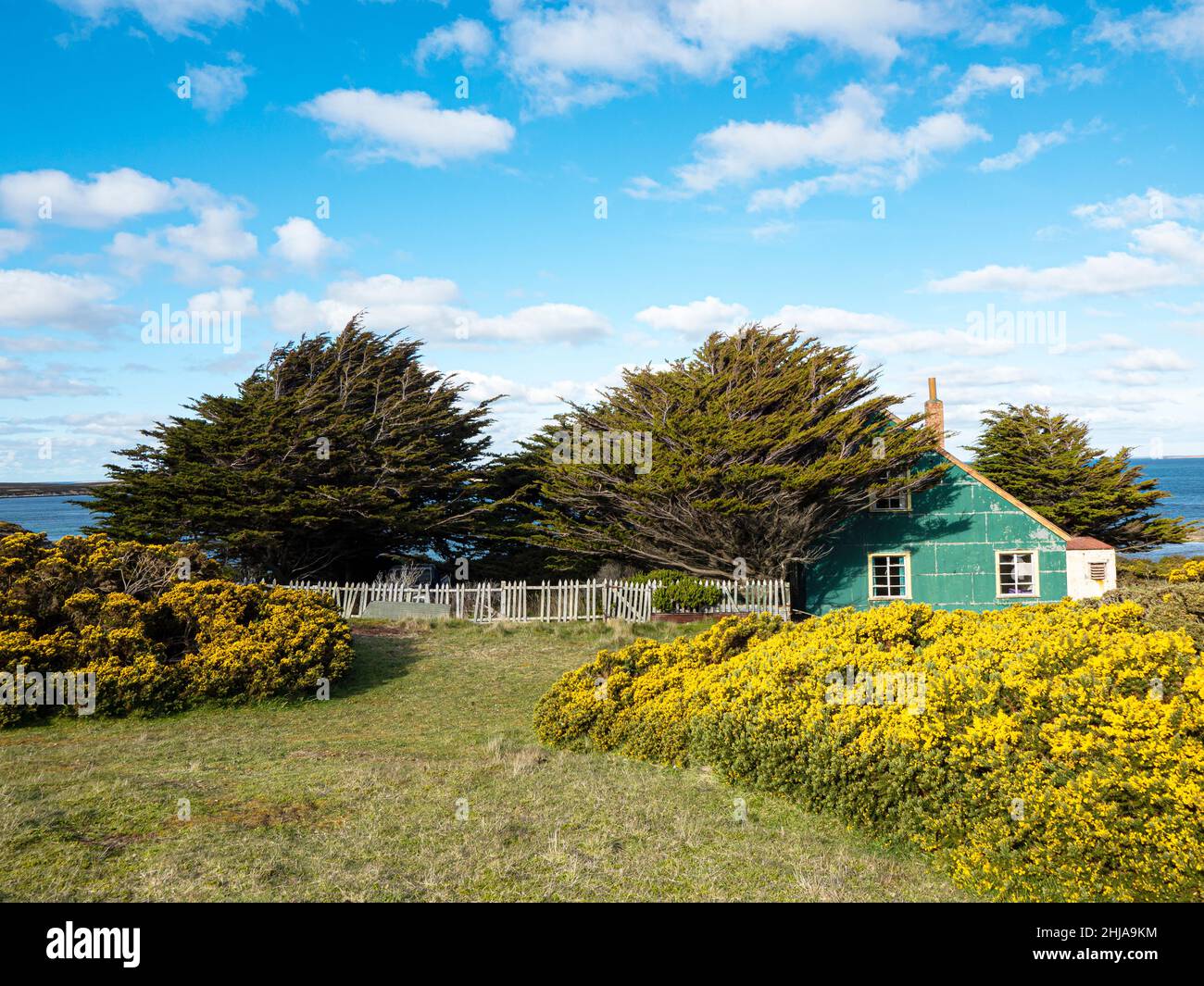 View of the sheep settlement abandoned in 1992 on Keppel Island, Falklands. Stock Photo