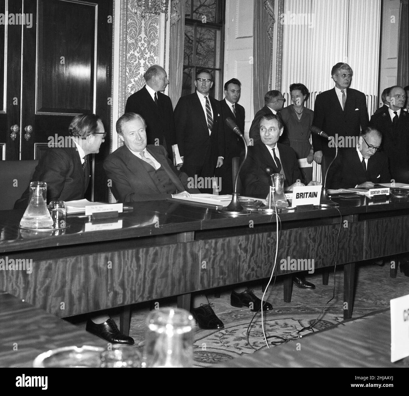 The Cyprus Conference held at Marlborough House in London during the ongoing Cyprus Crisis. Left to right are: Minister Without Portfolio Lord Carrington, Secretary of State for Commonwealth Relations Duncan Sands and Secretary General of the Cyprus Conference Mr J Howard Drake.  15th January 1964. Stock Photo